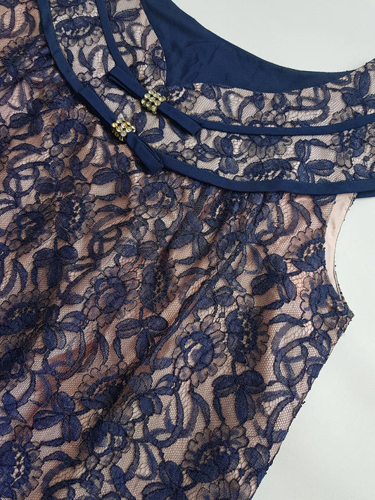 1950s Tailored Babydoll Top in Champagne Satin & Blue Lace Overlay - Rhinestone Buckles - Cut Beautifully for that 50s silhouette