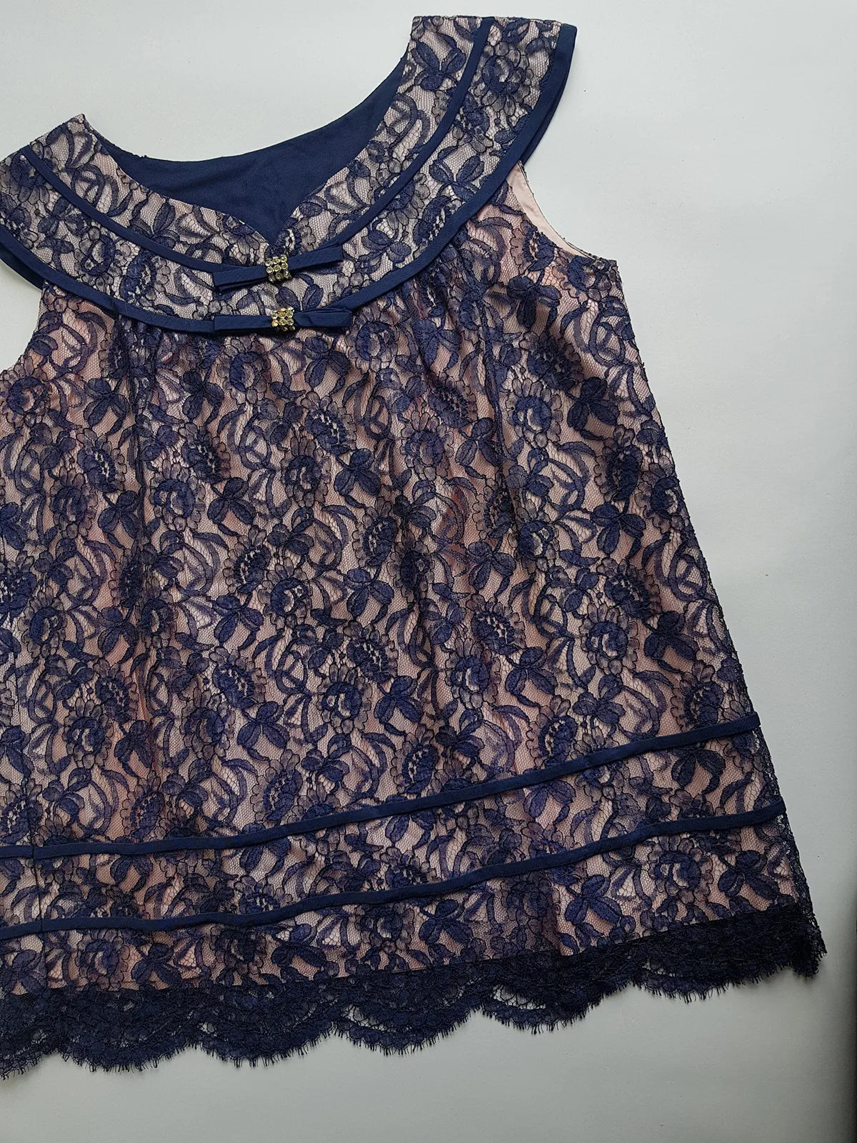 1950s Tailored Babydoll Top in Champagne Satin & Blue Lace Overlay - Rhinestone Buckles - Cut Beautifully for that 50s silhouette