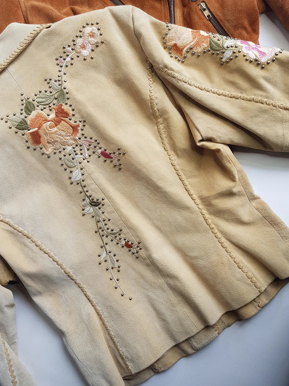 Vintage Embroidered & Studded Suede Jacket with intricate leatherwork detailing