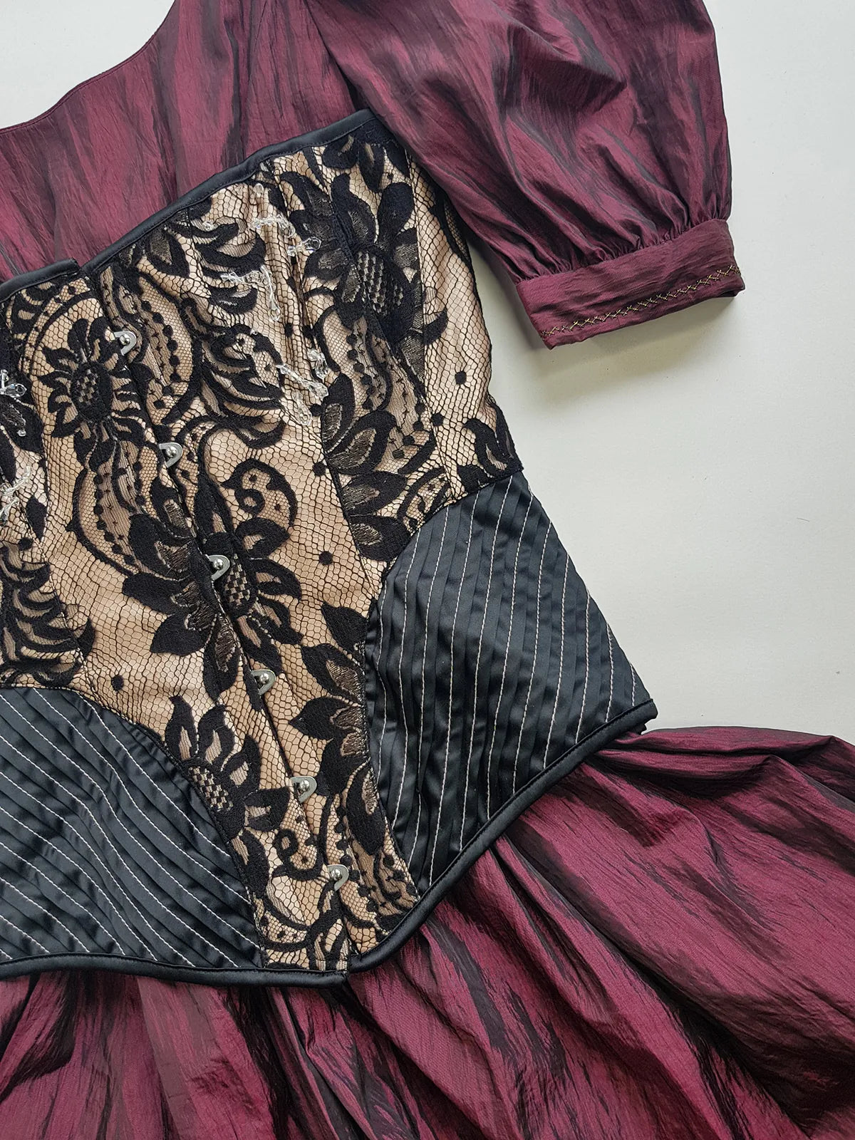 2000s Designer Couture Sample Corset - Ultra Rare with Sample Labels still Attached - Black & Champagne - Silk Lace Crystal Drop Beading - Fully Boned & Lace Up Back