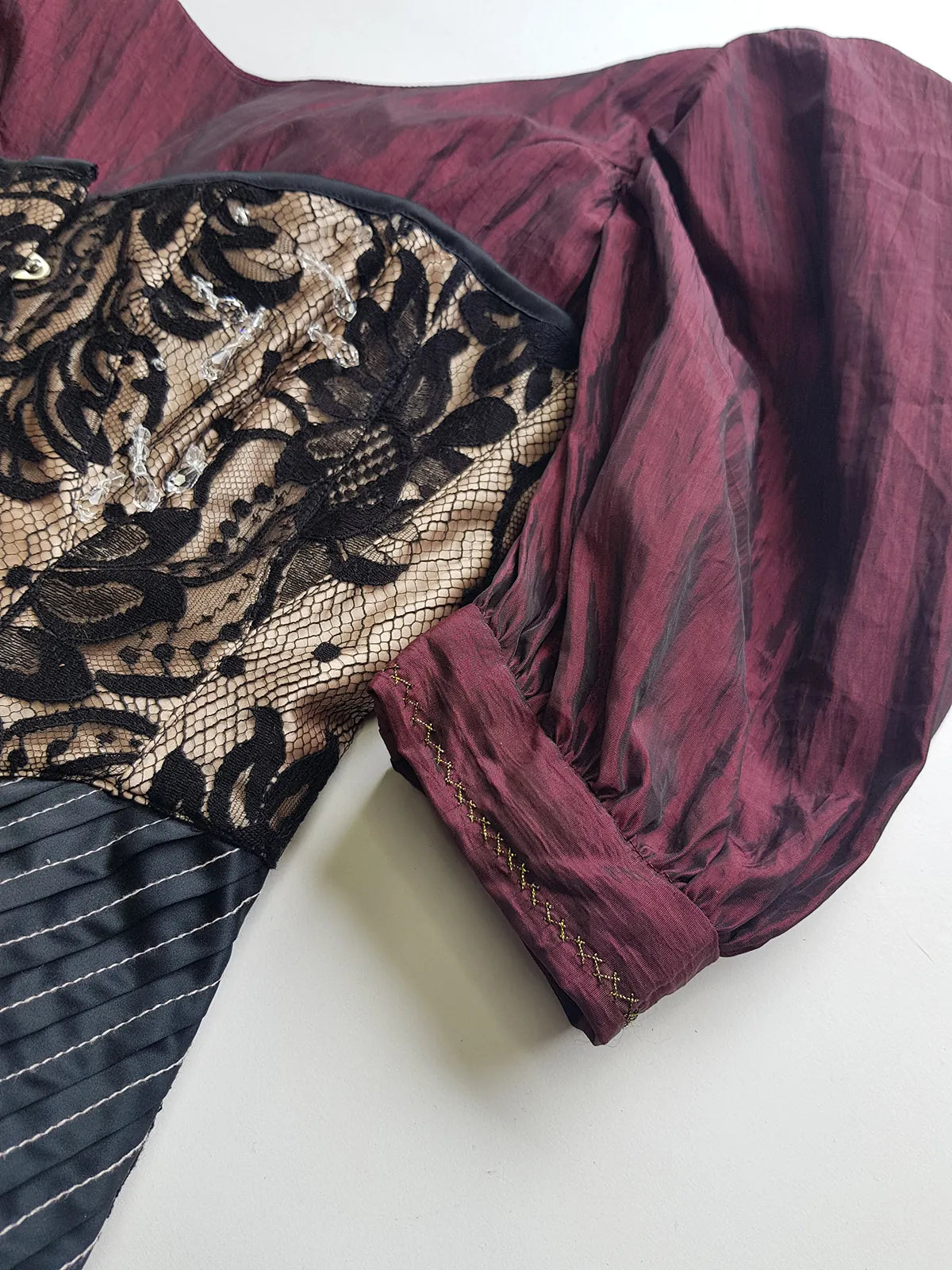 2000s Designer Couture Sample Corset - Ultra Rare with Sample Labels still Attached - Black & Champagne - Silk Lace Crystal Drop Beading - Fully Boned & Lace Up Back