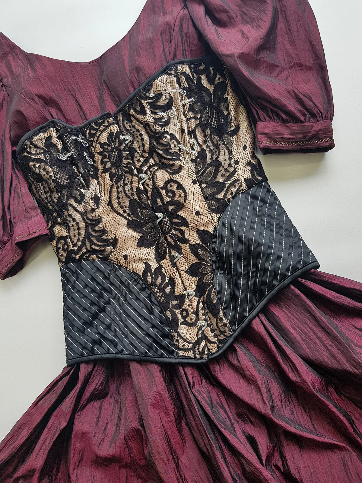 2000s Designer Couture Sample Corset - Ultra Rare with Sample Labels still Attached - Black & Champagne - Silk Lace Crystal Drop Beading - Fully Boned & Lace Up Back