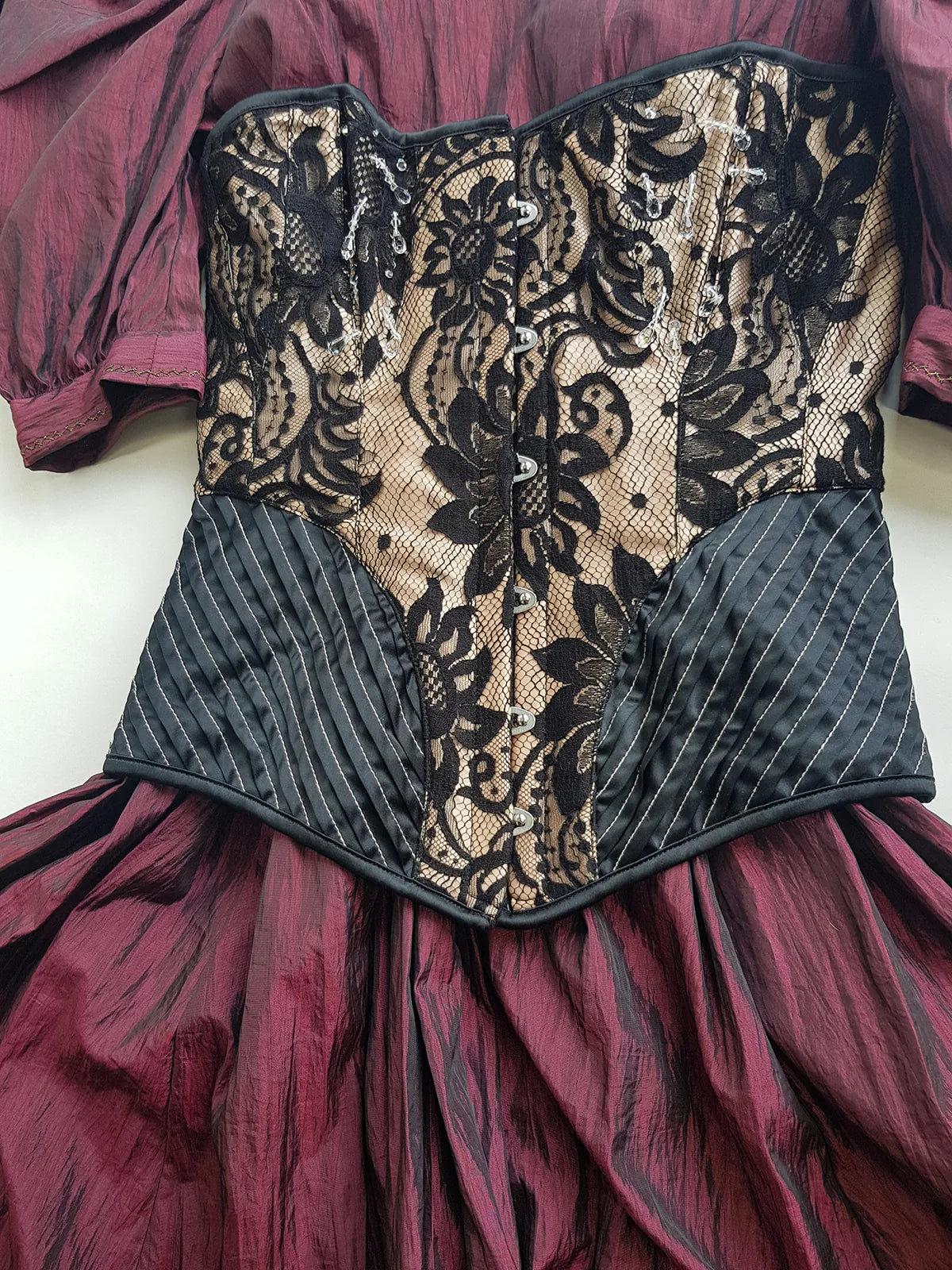 2000s Designer Couture Sample Corset - Ultra Rare with Sample Labels still Attached - Black & Champagne - Silk Lace Crystal Drop Beading - Fully Boned & Lace Up Back