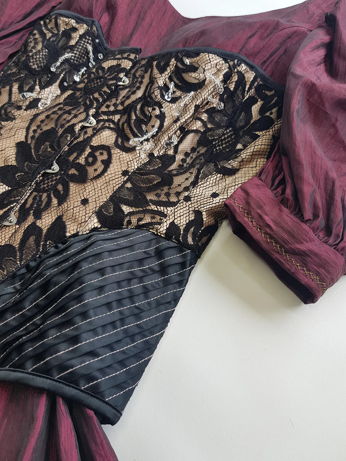 2000s Designer Couture Sample Corset - Ultra Rare with Sample Labels still Attached - Black & Champagne - Silk Lace Crystal Drop Beading - Fully Boned & Lace Up Back