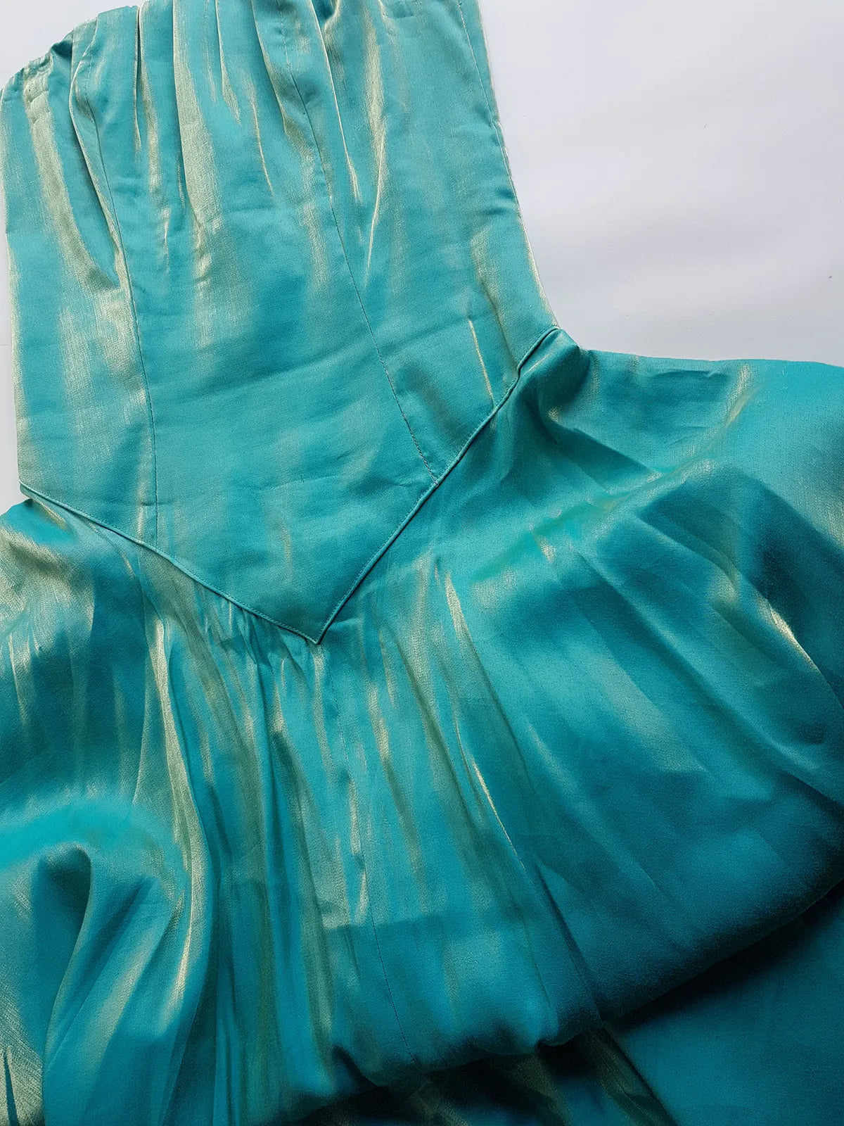 Ultimate 90s Siren / Mermaid Floor Length Dramatic Strapless Corset Gown - Iridescent Shimmery Blue with Gold Flare - Scalloped Hemline - Fully Boned Bodice