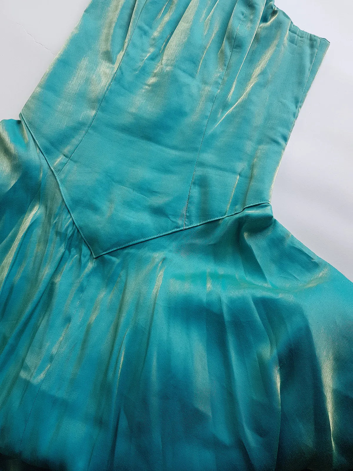 Ultimate 90s Siren / Mermaid Floor Length Dramatic Strapless Corset Gown - Iridescent Shimmery Blue with Gold Flare - Scalloped Hemline - Fully Boned Bodice