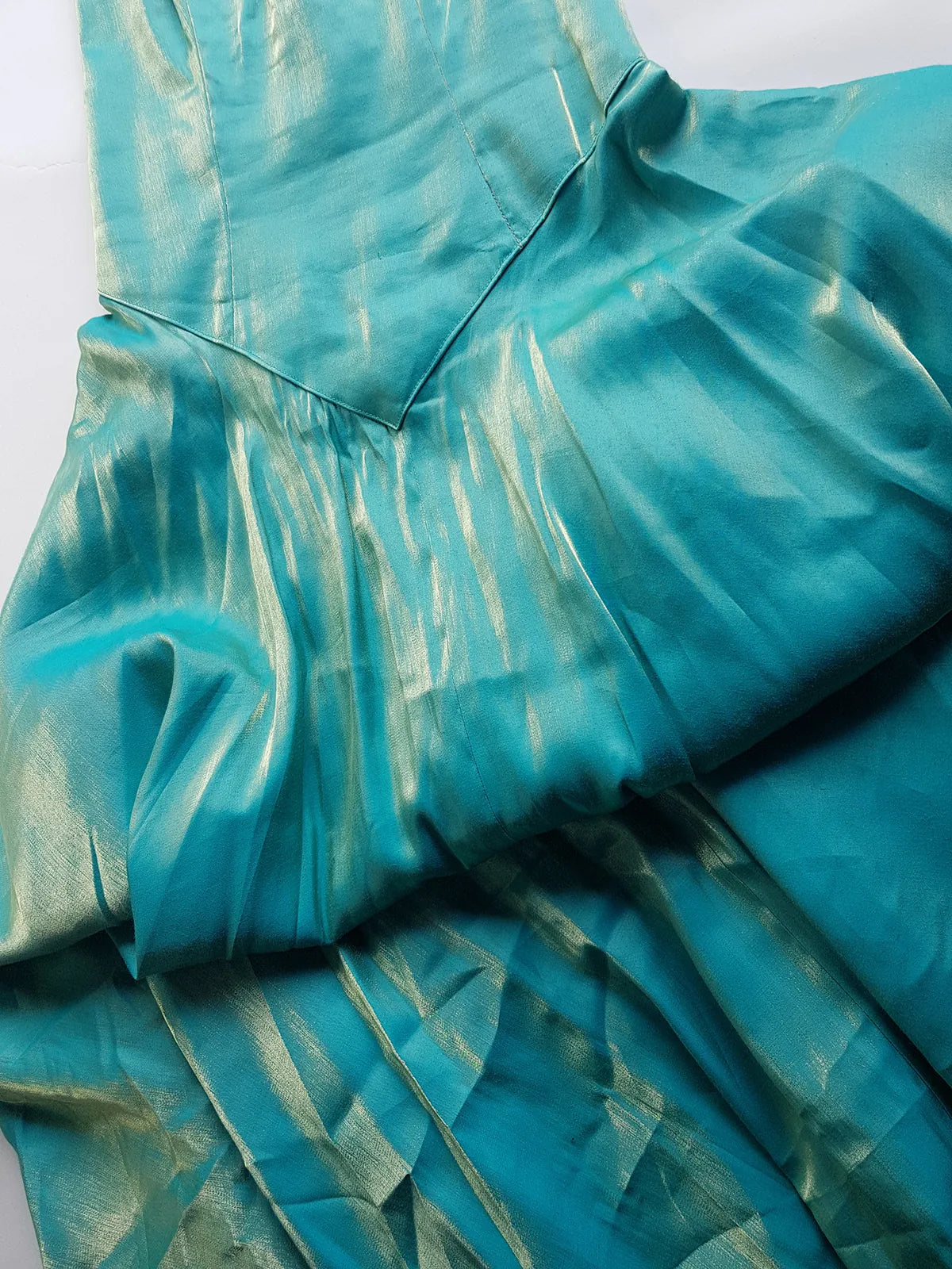 Ultimate 90s Siren / Mermaid Floor Length Dramatic Strapless Corset Gown - Iridescent Shimmery Blue with Gold Flare - Scalloped Hemline - Fully Boned Bodice