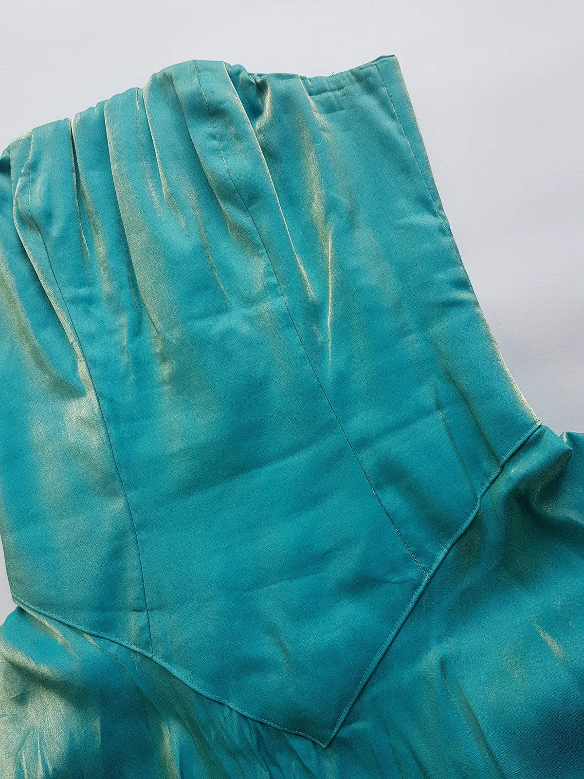 Ultimate 90s Siren / Mermaid Floor Length Dramatic Strapless Corset Gown - Iridescent Shimmery Blue with Gold Flare - Scalloped Hemline - Fully Boned Bodice