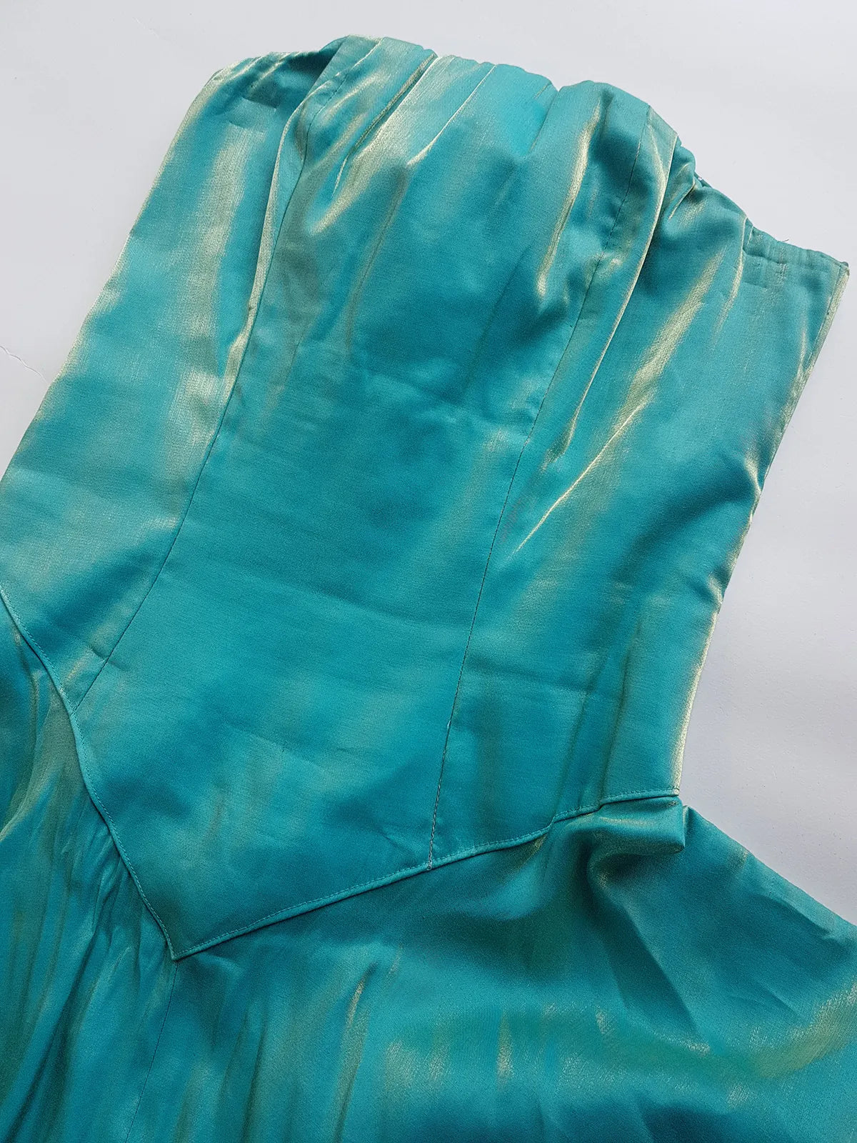 Ultimate 90s Siren / Mermaid Floor Length Dramatic Strapless Corset Gown - Iridescent Shimmery Blue with Gold Flare - Scalloped Hemline - Fully Boned Bodice