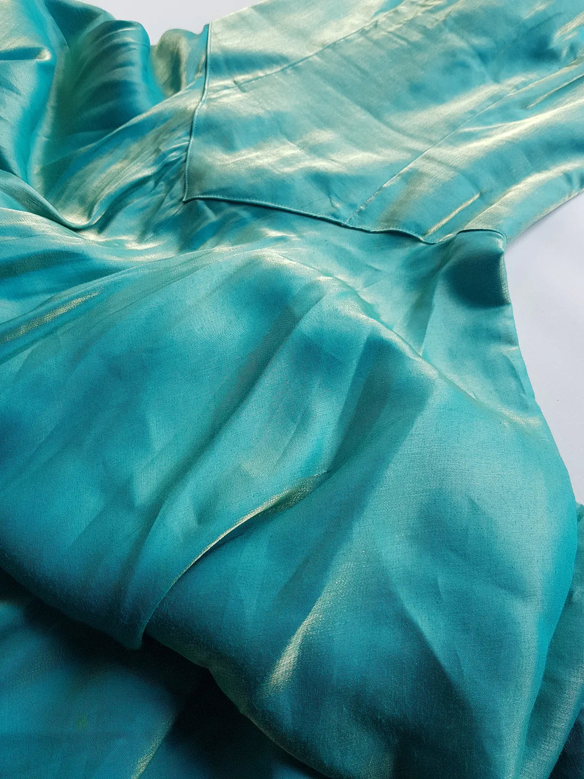 Ultimate 90s Siren / Mermaid Floor Length Dramatic Strapless Corset Gown - Iridescent Shimmery Blue with Gold Flare - Scalloped Hemline - Fully Boned Bodice