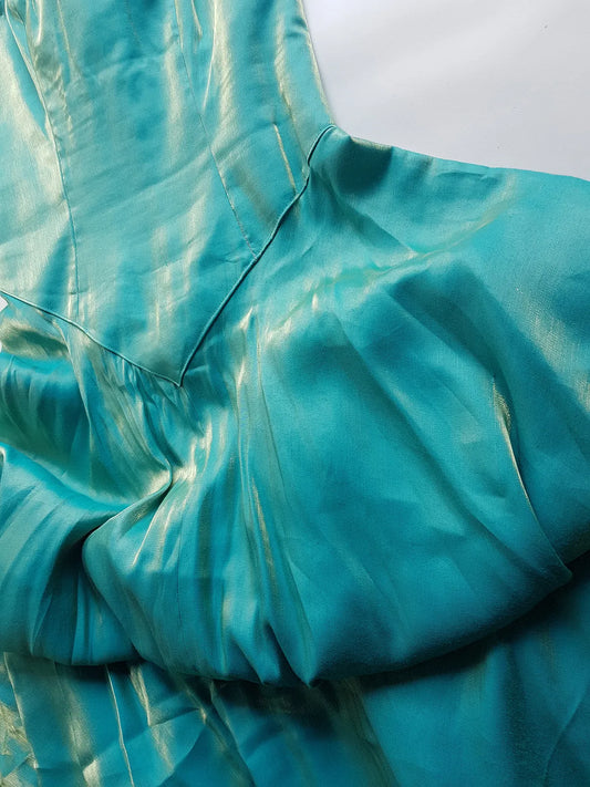 Ultimate 90s Siren / Mermaid Floor Length Dramatic Strapless Corset Gown - Iridescent Shimmery Blue with Gold Flare - Scalloped Hemline - Fully Boned Bodice