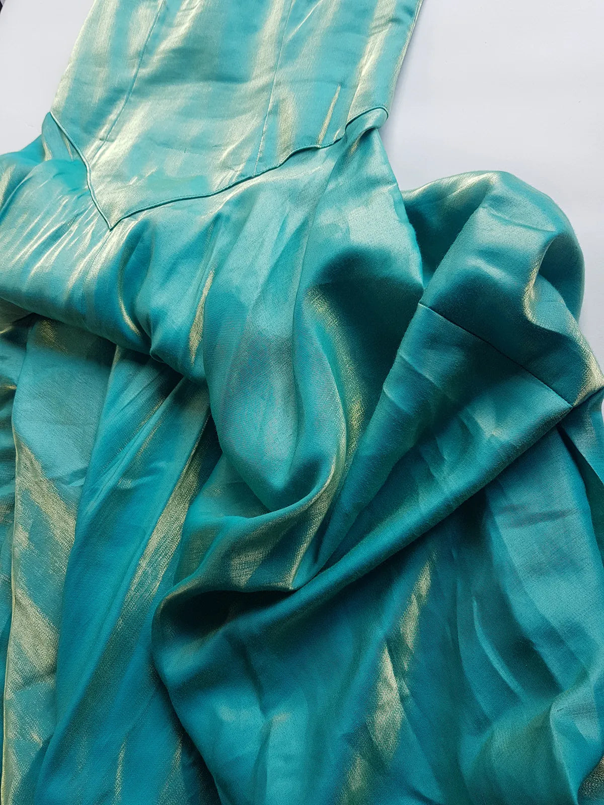 Ultimate 90s Siren / Mermaid Floor Length Dramatic Strapless Corset Gown - Iridescent Shimmery Blue with Gold Flare - Scalloped Hemline - Fully Boned Bodice