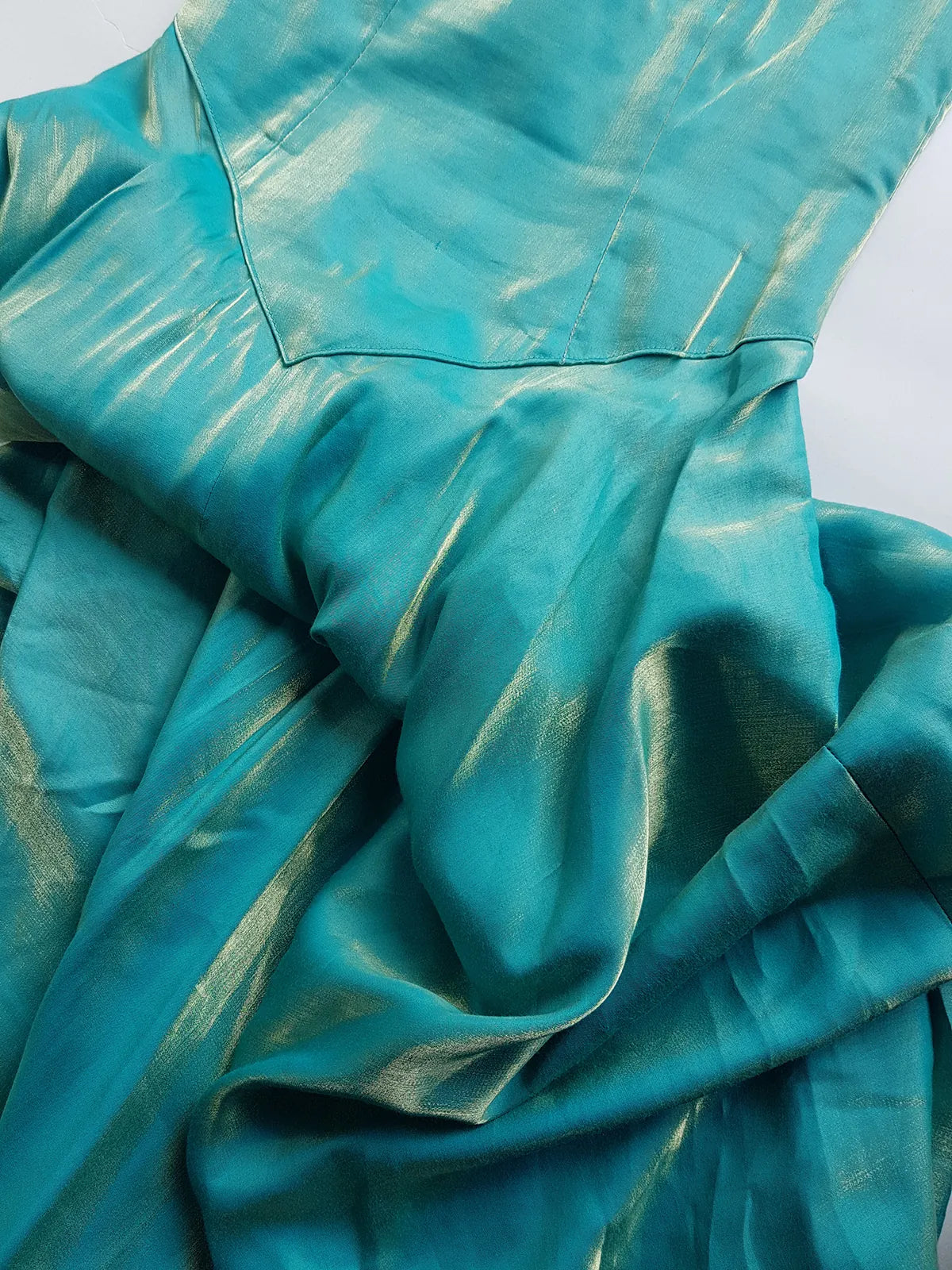 Ultimate 90s Siren / Mermaid Floor Length Dramatic Strapless Corset Gown - Iridescent Shimmery Blue with Gold Flare - Scalloped Hemline - Fully Boned Bodice