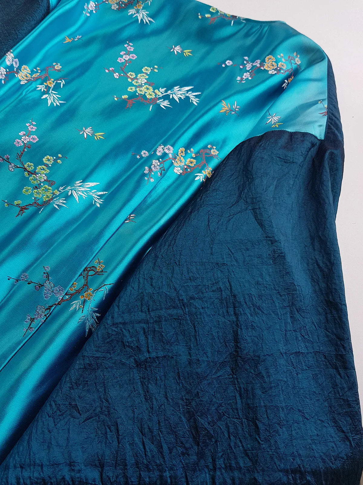 Sumptuous Silk Satin 90s Oriental Brocade & Azure Blue Wrap Jacket / Mini Dress - Perfect Evening Piece