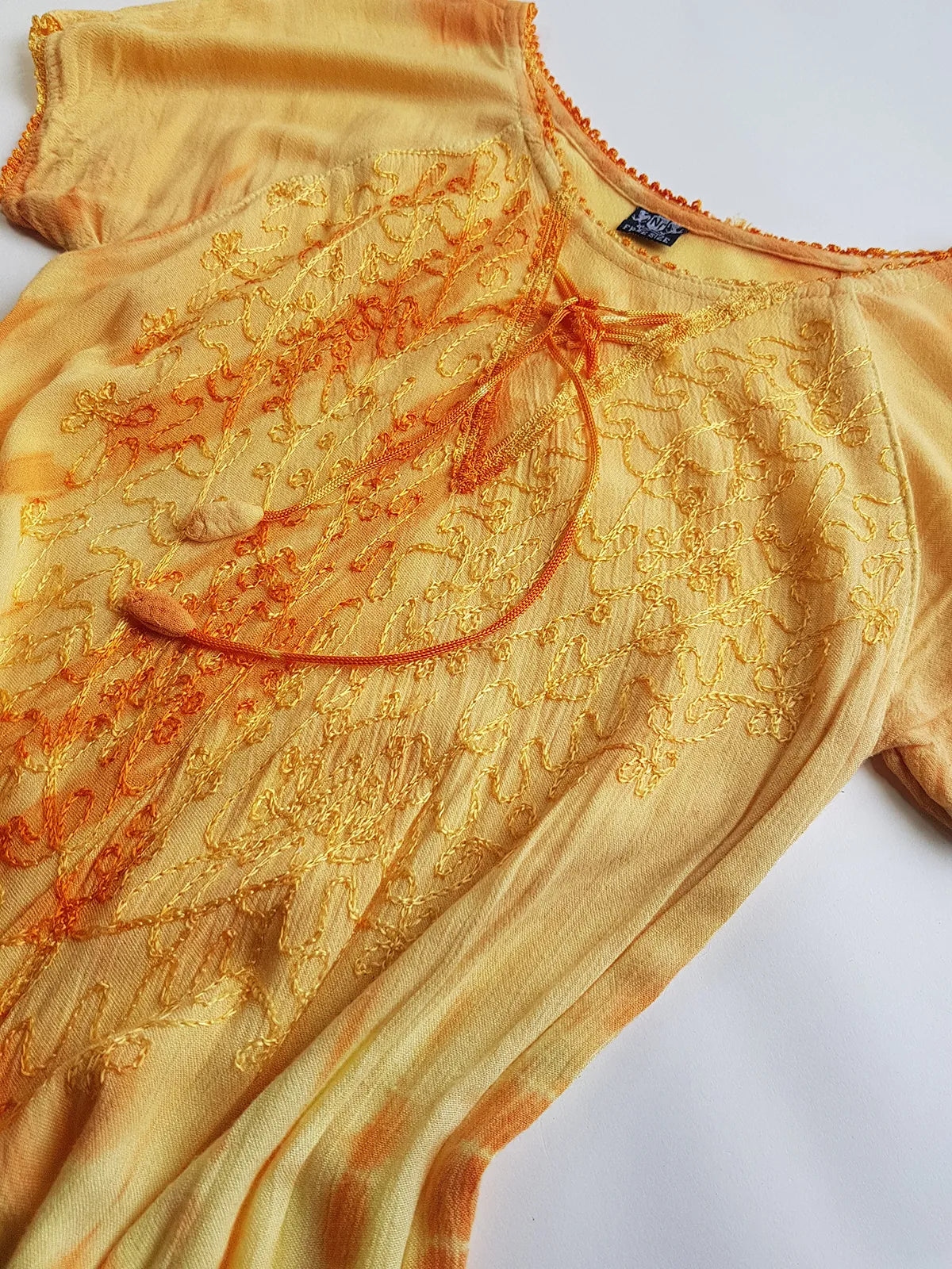 Unbelievable 90s Sunset Yellow & Orange Bohemian Goddess Sundress - Embroidered Silky Soft Cotton - Bohemian Goddess - Hand Dyed - Asymmetrical Hemline & Flattering Hourglass Shape
