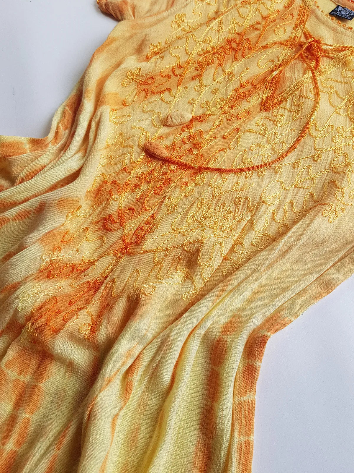 Unbelievable 90s Sunset Yellow & Orange Bohemian Goddess Sundress - Embroidered Silky Soft Cotton - Bohemian Goddess - Hand Dyed - Asymmetrical Hemline & Flattering Hourglass Shape