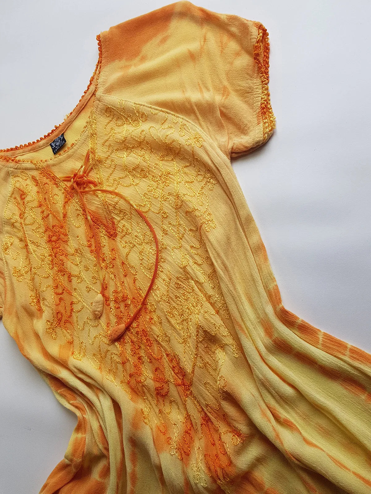 Unbelievable 90s Sunset Yellow & Orange Bohemian Goddess Sundress - Embroidered Silky Soft Cotton - Bohemian Goddess - Hand Dyed - Asymmetrical Hemline & Flattering Hourglass Shape