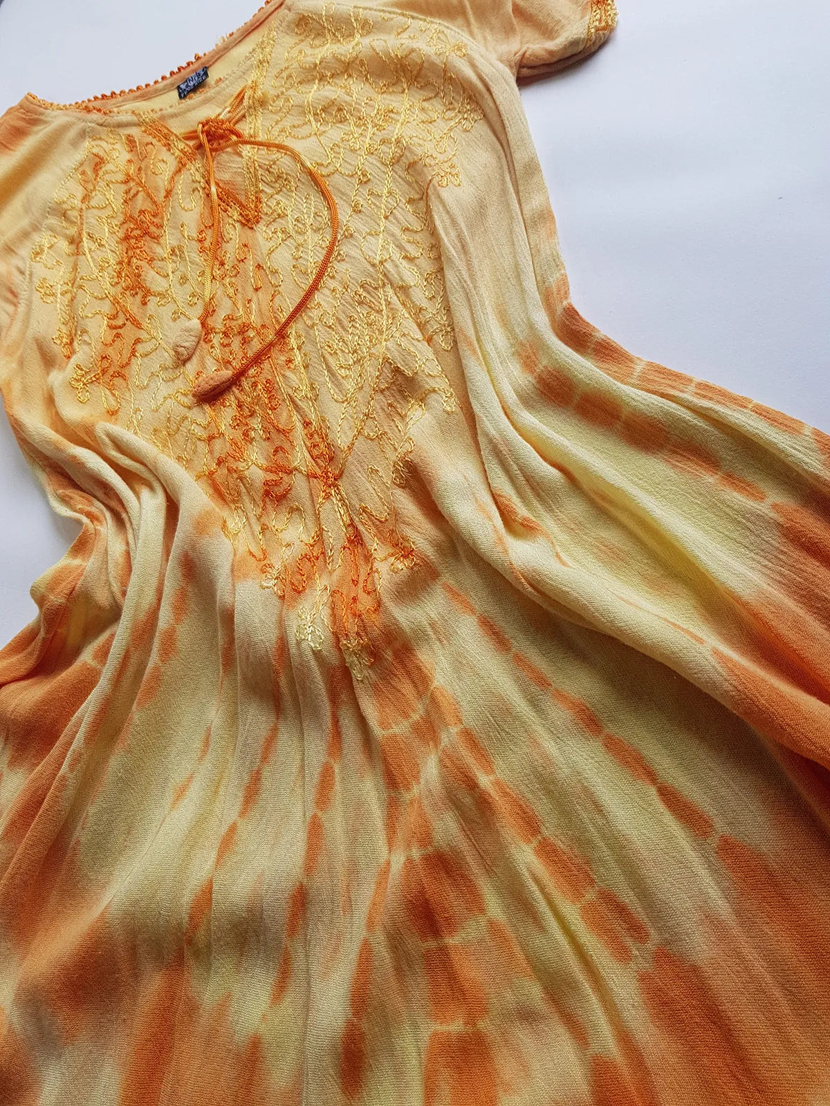 Unbelievable 90s Sunset Yellow & Orange Bohemian Goddess Sundress - Embroidered Silky Soft Cotton - Bohemian Goddess - Hand Dyed - Asymmetrical Hemline & Flattering Hourglass Shape