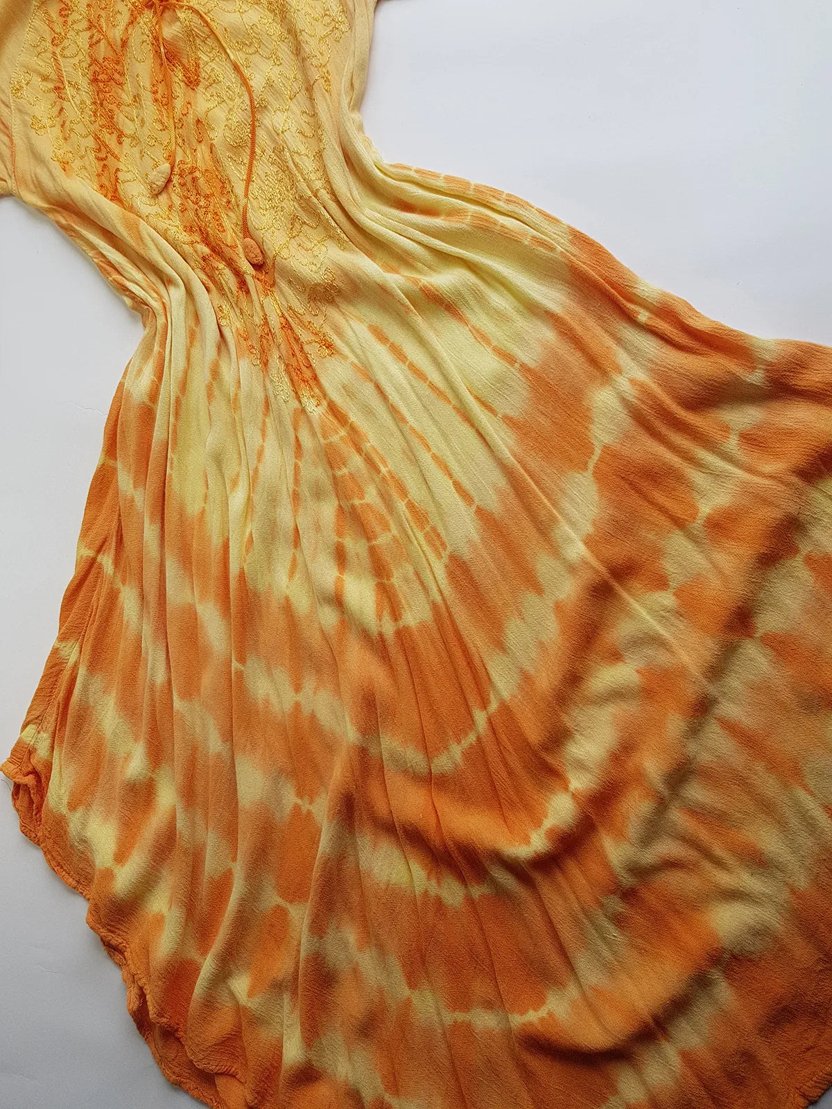 Unbelievable 90s Sunset Yellow & Orange Bohemian Goddess Sundress - Embroidered Silky Soft Cotton - Bohemian Goddess - Hand Dyed - Asymmetrical Hemline & Flattering Hourglass Shape