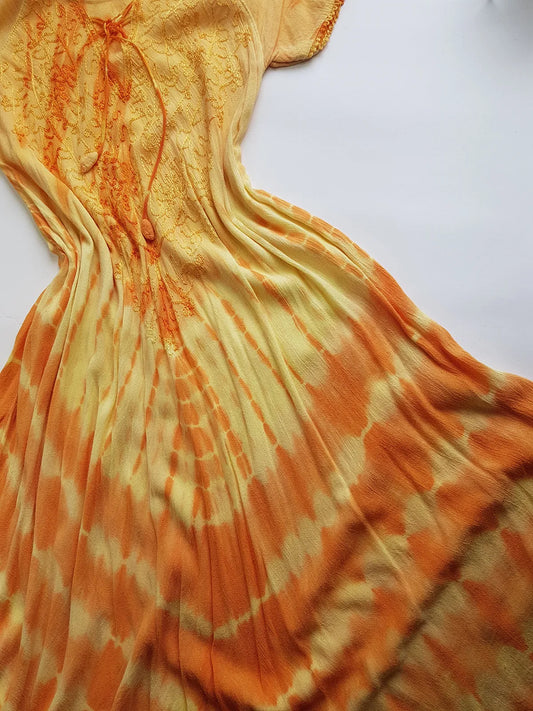 Unbelievable 90s Sunset Yellow & Orange Bohemian Goddess Sundress - Embroidered Silky Soft Cotton - Bohemian Goddess - Hand Dyed - Asymmetrical Hemline & Flattering Hourglass Shape
