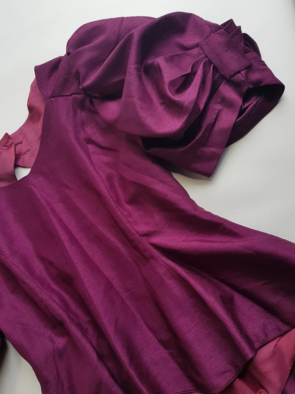 Incredible 90s Slim Fitted & Tailored Evening Top with Dramatic Structured Puff Sleeves & Backless Cut out - Unique Grape Purple Tone