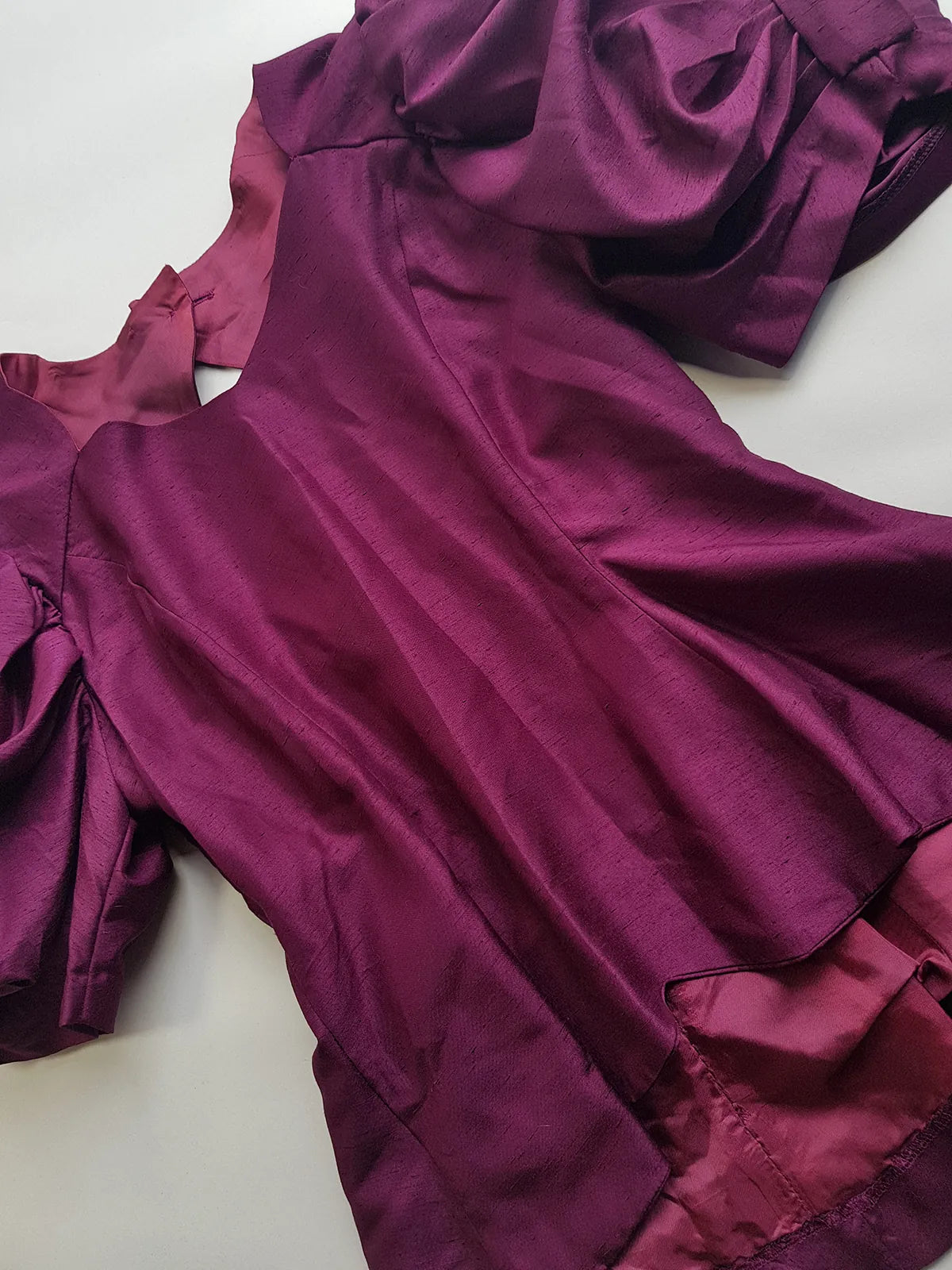 Incredible 90s Slim Fitted & Tailored Evening Top with Dramatic Structured Puff Sleeves & Backless Cut out - Unique Grape Purple Tone