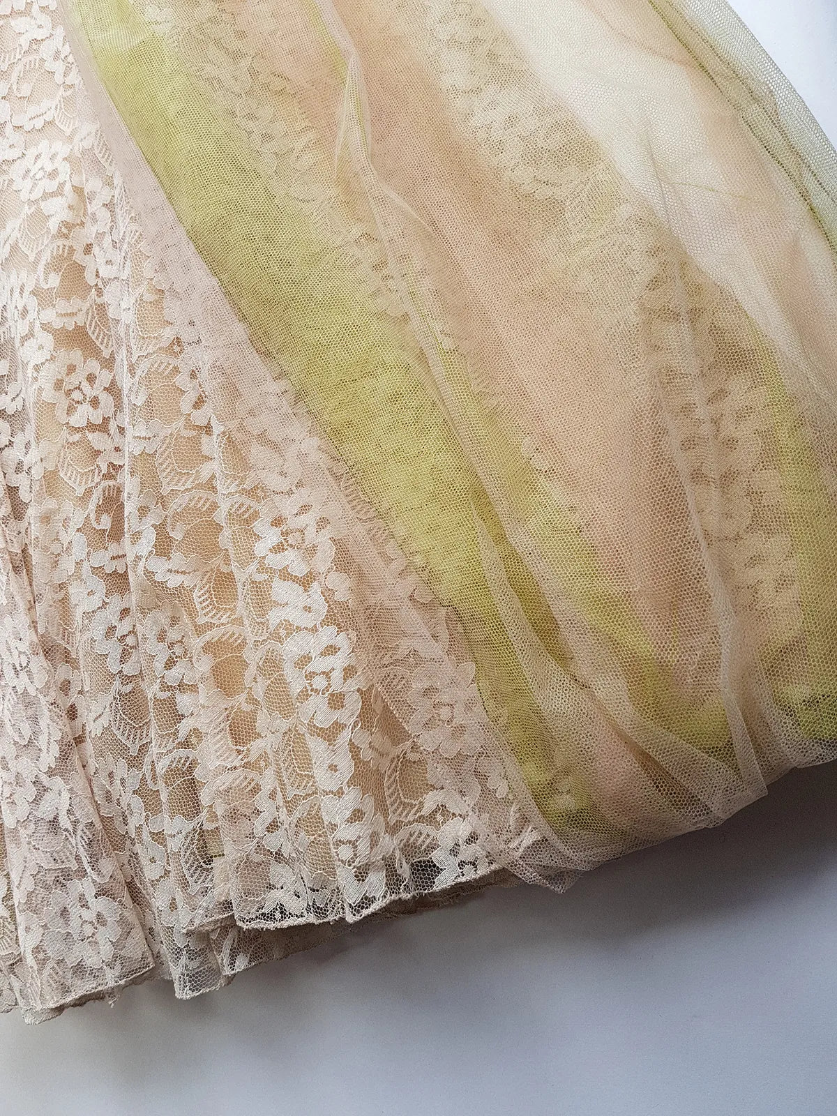 1950s One of a Kind Couture Standout Piece -  Frothy Matcha Latte Lace Gown - Halter Top & Tailored Bust - Unique Tones of Latte & Muted Matcha Greens - Structural Mesh Bust & Skirt Features - Multiple Layers of Lace & Mesh