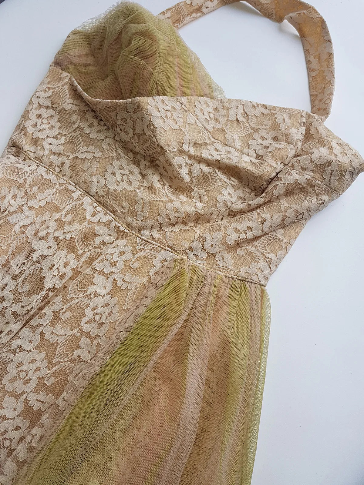 1950s One of a Kind Couture Standout Piece -  Frothy Matcha Latte Lace Gown - Halter Top & Tailored Bust - Unique Tones of Latte & Muted Matcha Greens - Structural Mesh Bust & Skirt Features - Multiple Layers of Lace & Mesh