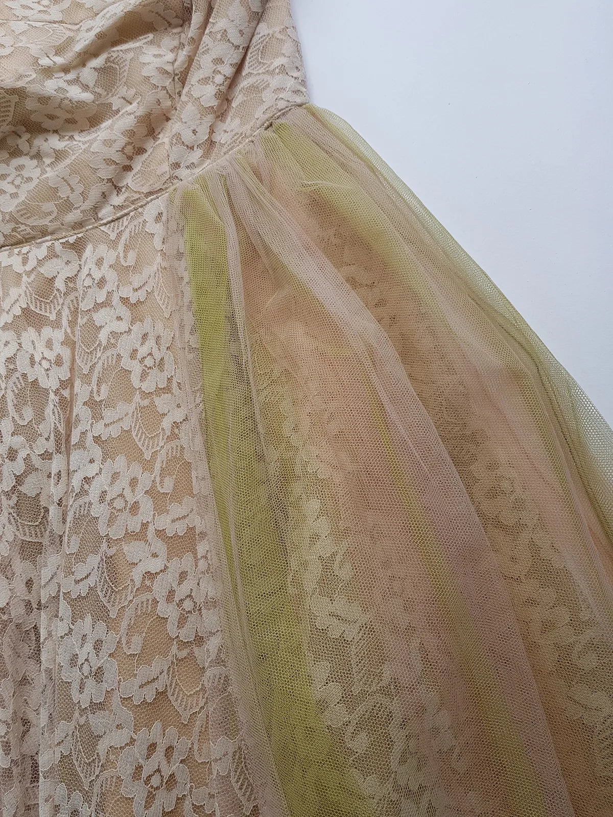 1950s One of a Kind Couture Standout Piece -  Frothy Matcha Latte Lace Gown - Halter Top & Tailored Bust - Unique Tones of Latte & Muted Matcha Greens - Structural Mesh Bust & Skirt Features - Multiple Layers of Lace & Mesh