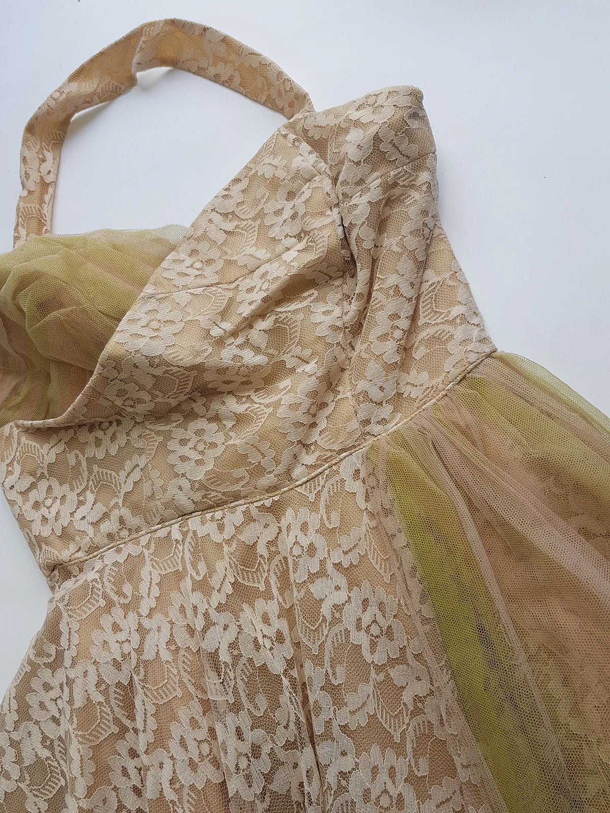 1950s One of a Kind Couture Standout Piece -  Frothy Matcha Latte Lace Gown - Halter Top & Tailored Bust - Unique Tones of Latte & Muted Matcha Greens - Structural Mesh Bust & Skirt Features - Multiple Layers of Lace & Mesh