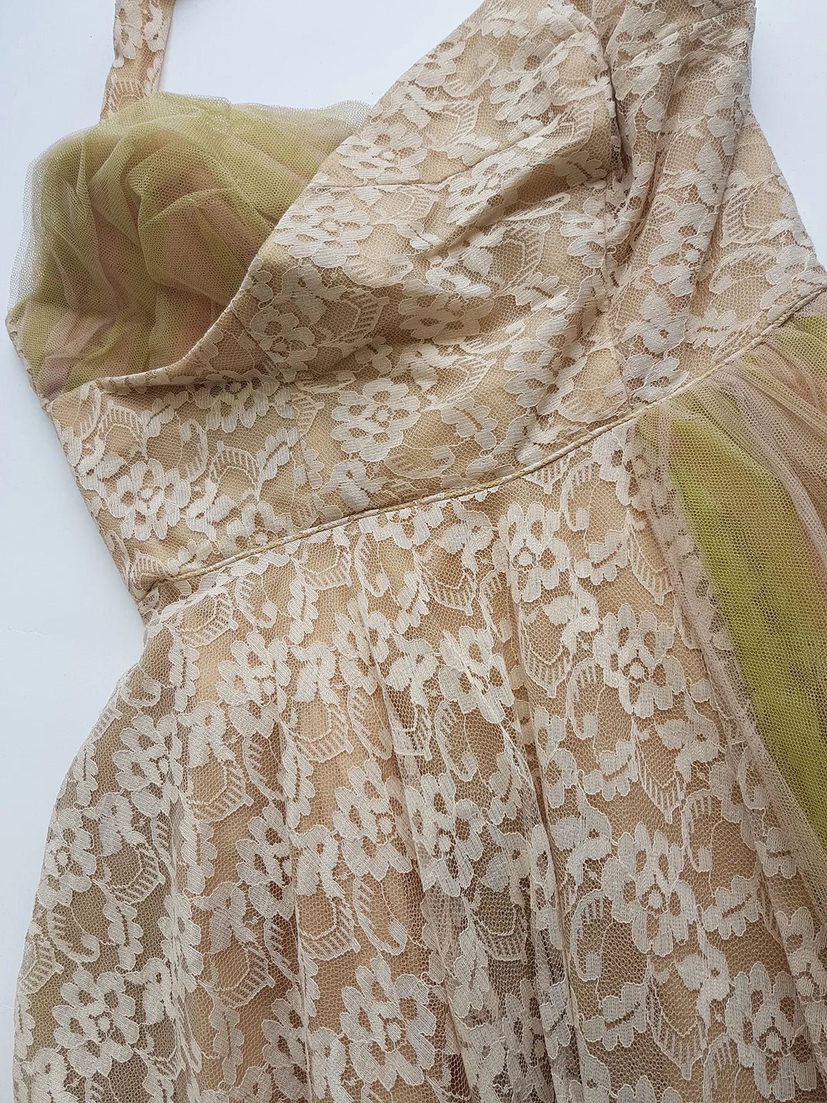 1950s One of a Kind Couture Standout Piece -  Frothy Matcha Latte Lace Gown - Halter Top & Tailored Bust - Unique Tones of Latte & Muted Matcha Greens - Structural Mesh Bust & Skirt Features - Multiple Layers of Lace & Mesh