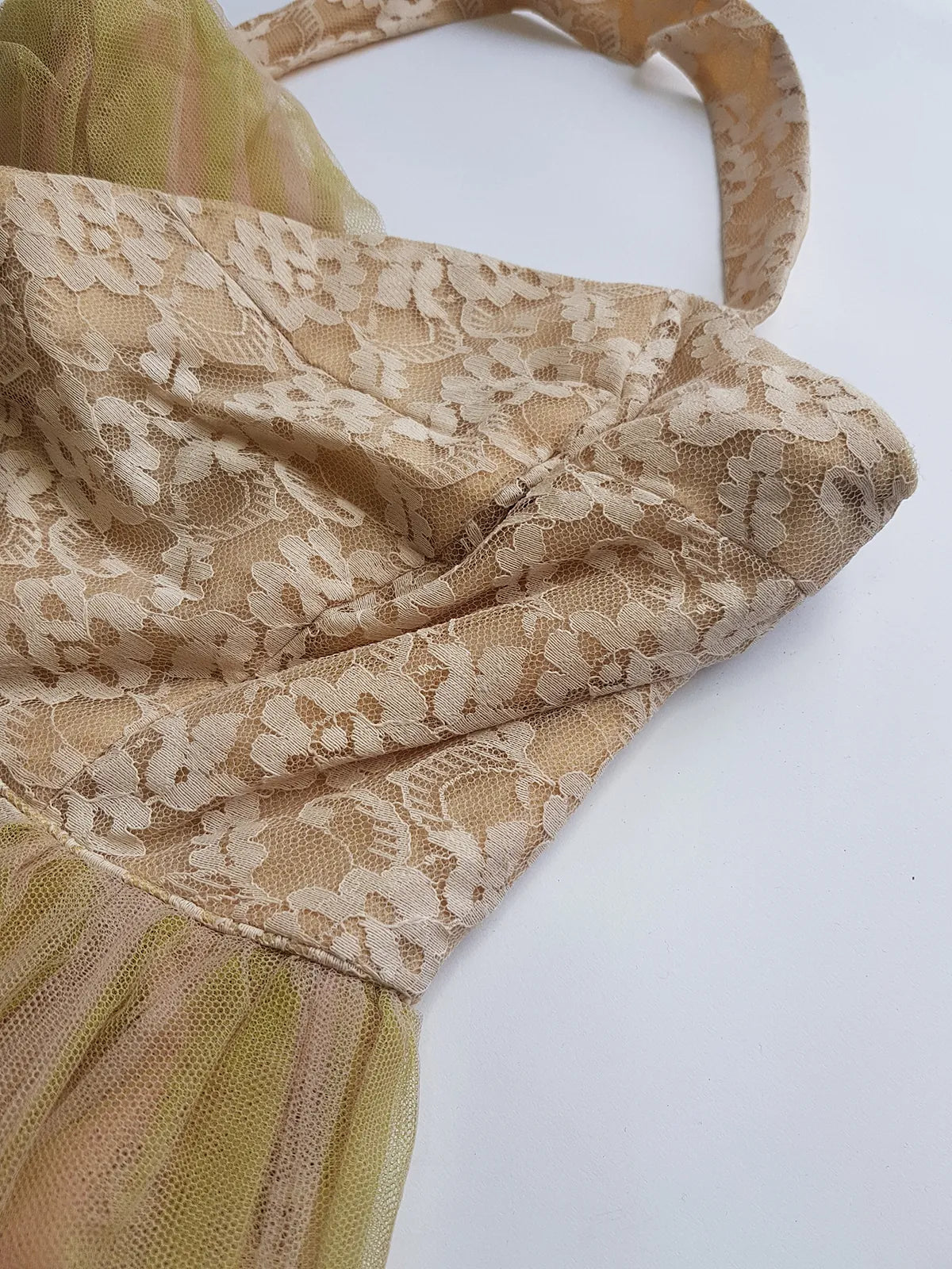 1950s One of a Kind Couture Standout Piece -  Frothy Matcha Latte Lace Gown - Halter Top & Tailored Bust - Unique Tones of Latte & Muted Matcha Greens - Structural Mesh Bust & Skirt Features - Multiple Layers of Lace & Mesh