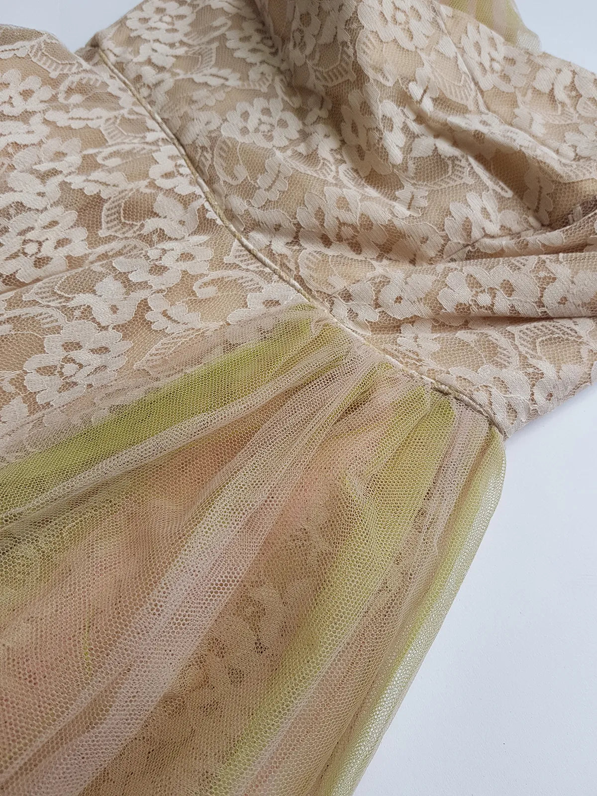 1950s One of a Kind Couture Standout Piece -  Frothy Matcha Latte Lace Gown - Halter Top & Tailored Bust - Unique Tones of Latte & Muted Matcha Greens - Structural Mesh Bust & Skirt Features - Multiple Layers of Lace & Mesh