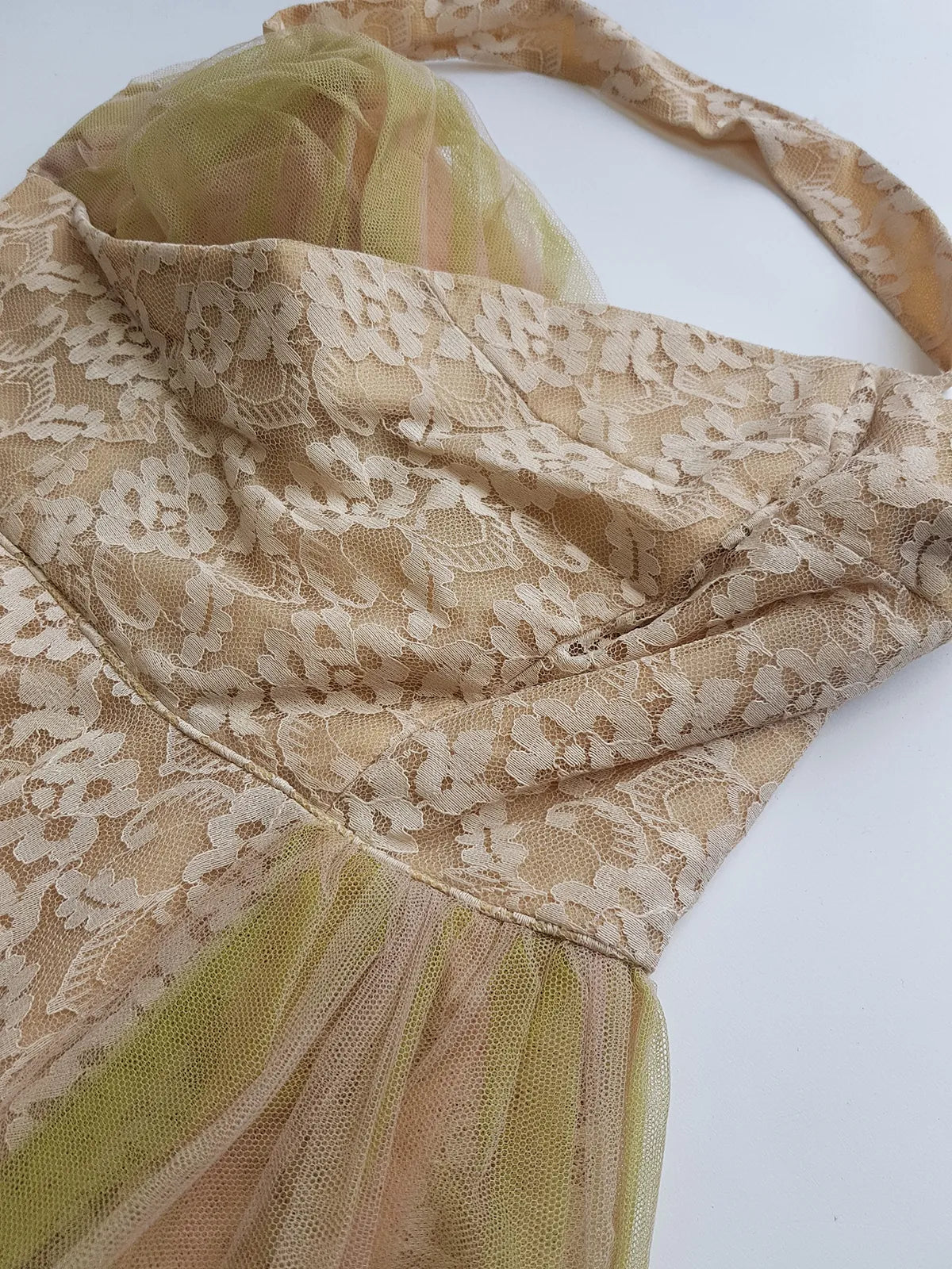 1950s One of a Kind Couture Standout Piece -  Frothy Matcha Latte Lace Gown - Halter Top & Tailored Bust - Unique Tones of Latte & Muted Matcha Greens - Structural Mesh Bust & Skirt Features - Multiple Layers of Lace & Mesh