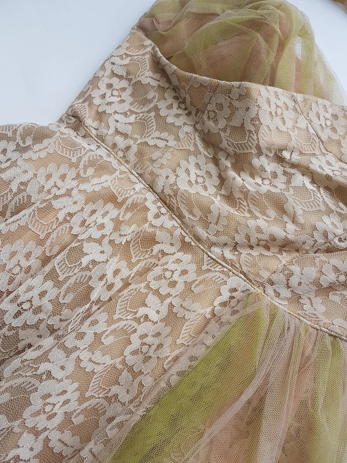 1950s One of a Kind Couture Standout Piece -  Frothy Matcha Latte Lace Gown - Halter Top & Tailored Bust - Unique Tones of Latte & Muted Matcha Greens - Structural Mesh Bust & Skirt Features - Multiple Layers of Lace & Mesh