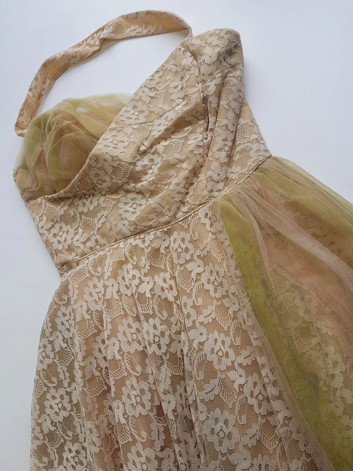 1950s One of a Kind Couture Standout Piece -  Frothy Matcha Latte Lace Gown - Halter Top & Tailored Bust - Unique Tones of Latte & Muted Matcha Greens - Structural Mesh Bust & Skirt Features - Multiple Layers of Lace & Mesh