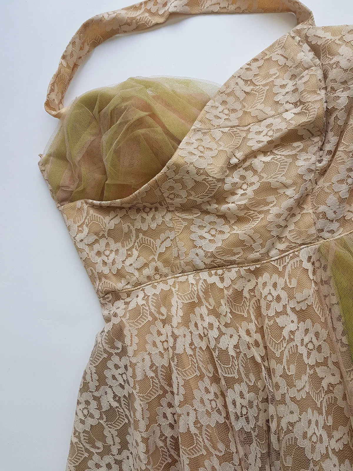 1950s One of a Kind Couture Standout Piece -  Frothy Matcha Latte Lace Gown - Halter Top & Tailored Bust - Unique Tones of Latte & Muted Matcha Greens - Structural Mesh Bust & Skirt Features - Multiple Layers of Lace & Mesh