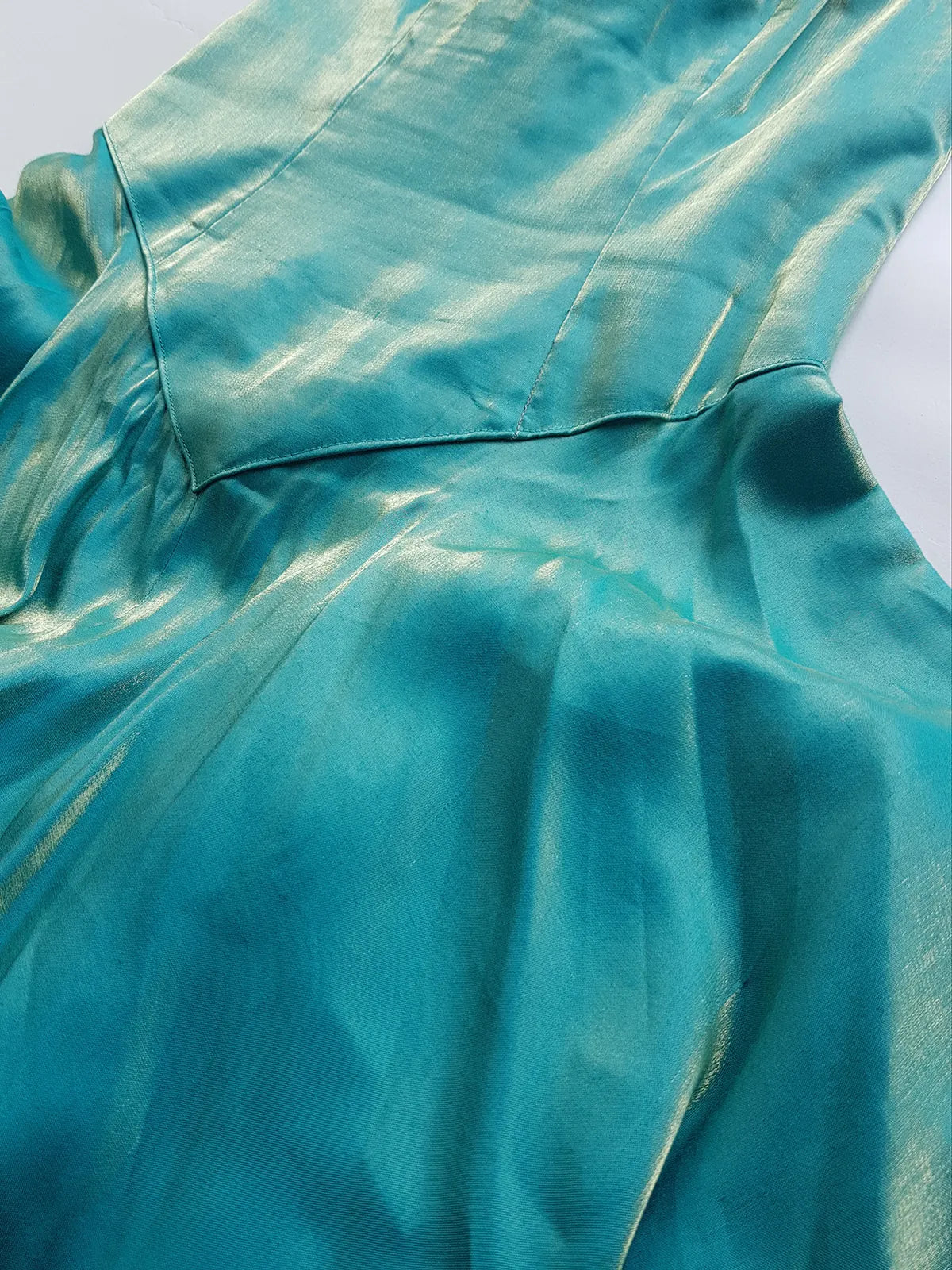 Ultimate 90s Siren / Mermaid Floor Length Dramatic Strapless Corset Gown - Iridescent Shimmery Blue with Gold Flare - Scalloped Hemline - Fully Boned Bodice