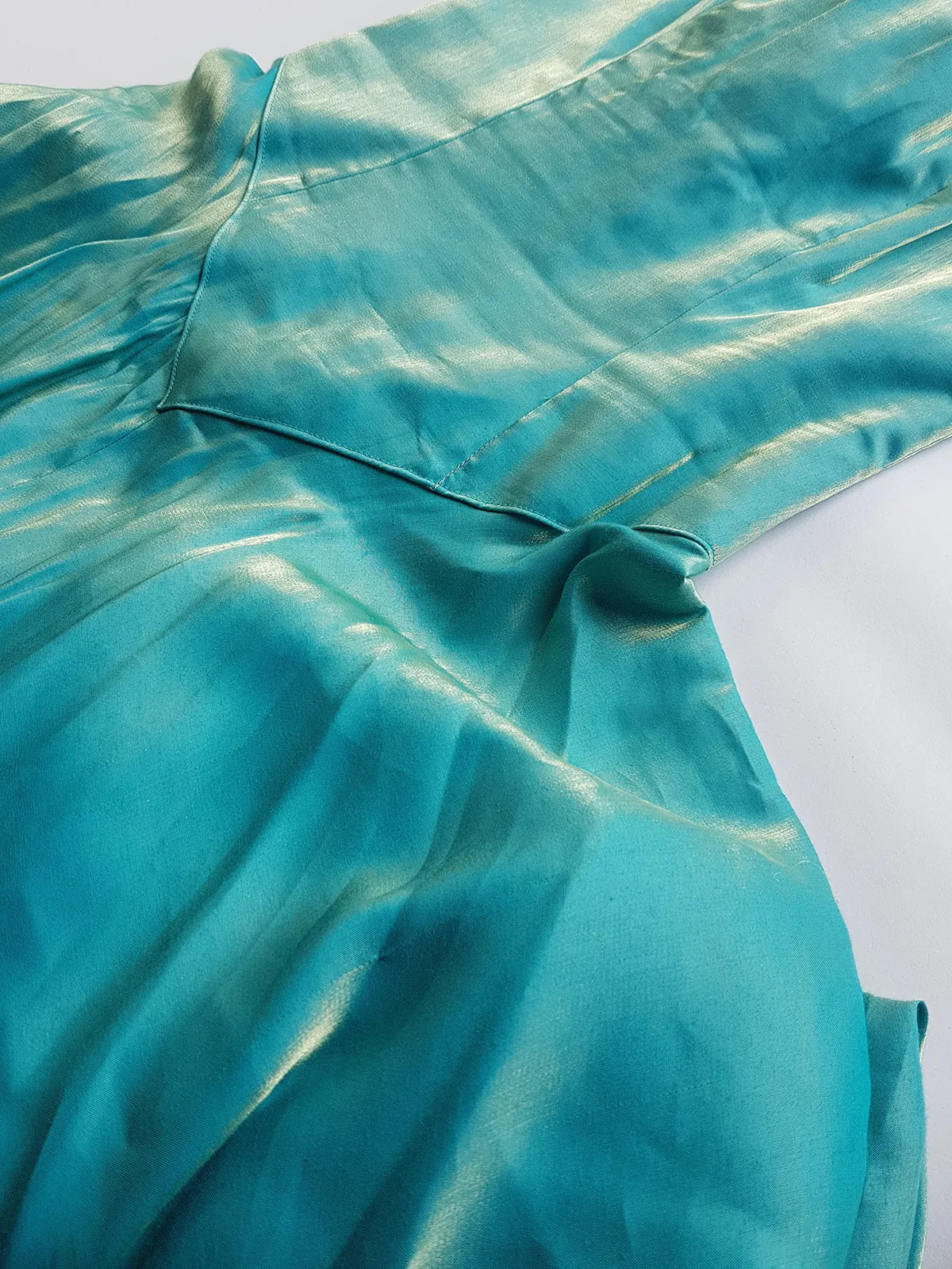 Ultimate 90s Siren / Mermaid Floor Length Dramatic Strapless Corset Gown - Iridescent Shimmery Blue with Gold Flare - Scalloped Hemline - Fully Boned Bodice