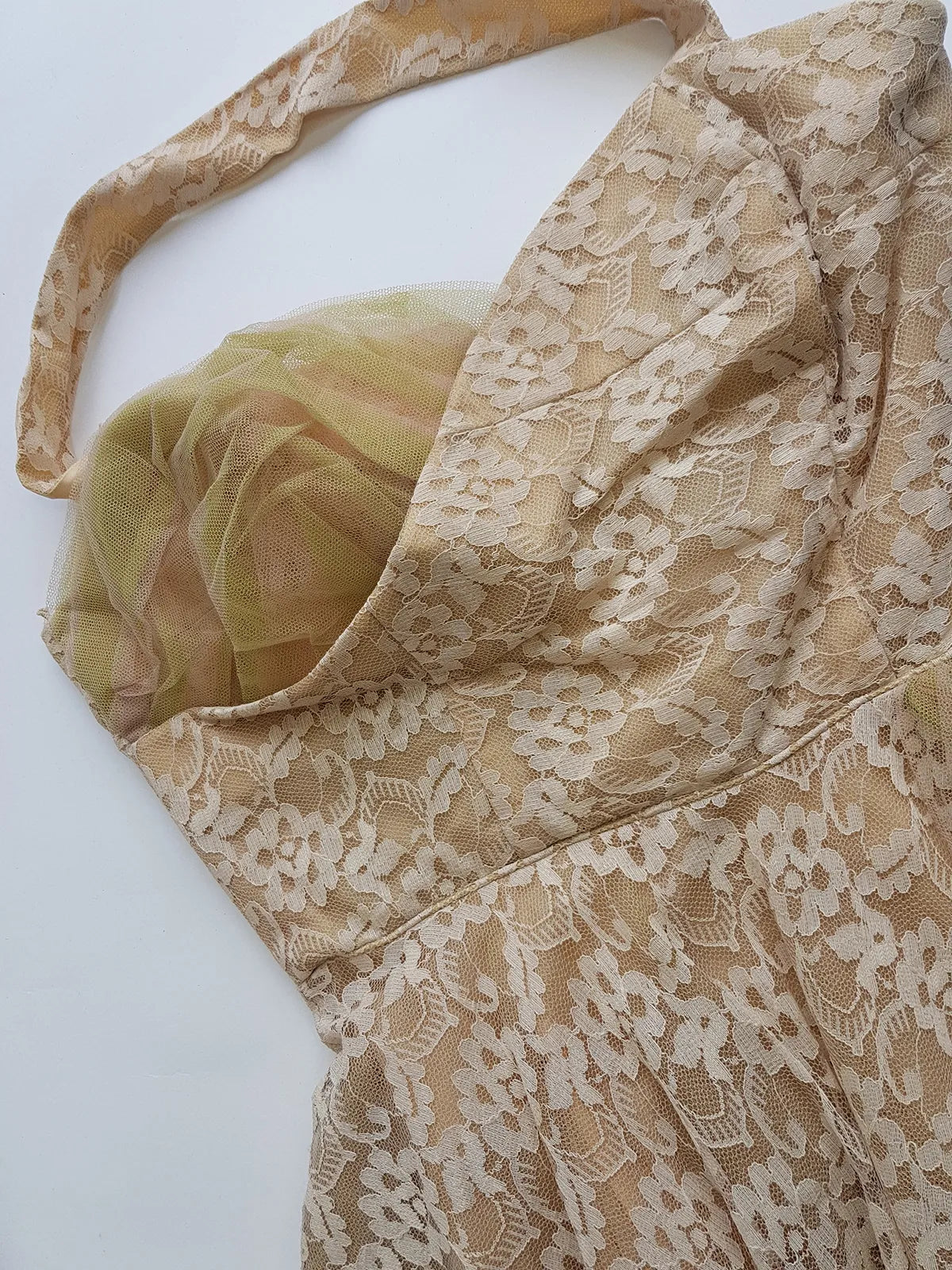 1950s One of a Kind Couture Standout Piece -  Frothy Matcha Latte Lace Gown - Halter Top & Tailored Bust - Unique Tones of Latte & Muted Matcha Greens - Structural Mesh Bust & Skirt Features - Multiple Layers of Lace & Mesh