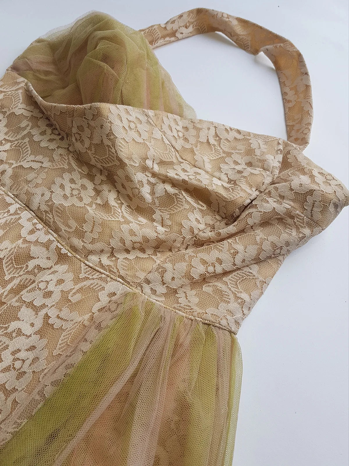 1950s One of a Kind Couture Standout Piece -  Frothy Matcha Latte Lace Gown - Halter Top & Tailored Bust - Unique Tones of Latte & Muted Matcha Greens - Structural Mesh Bust & Skirt Features - Multiple Layers of Lace & Mesh