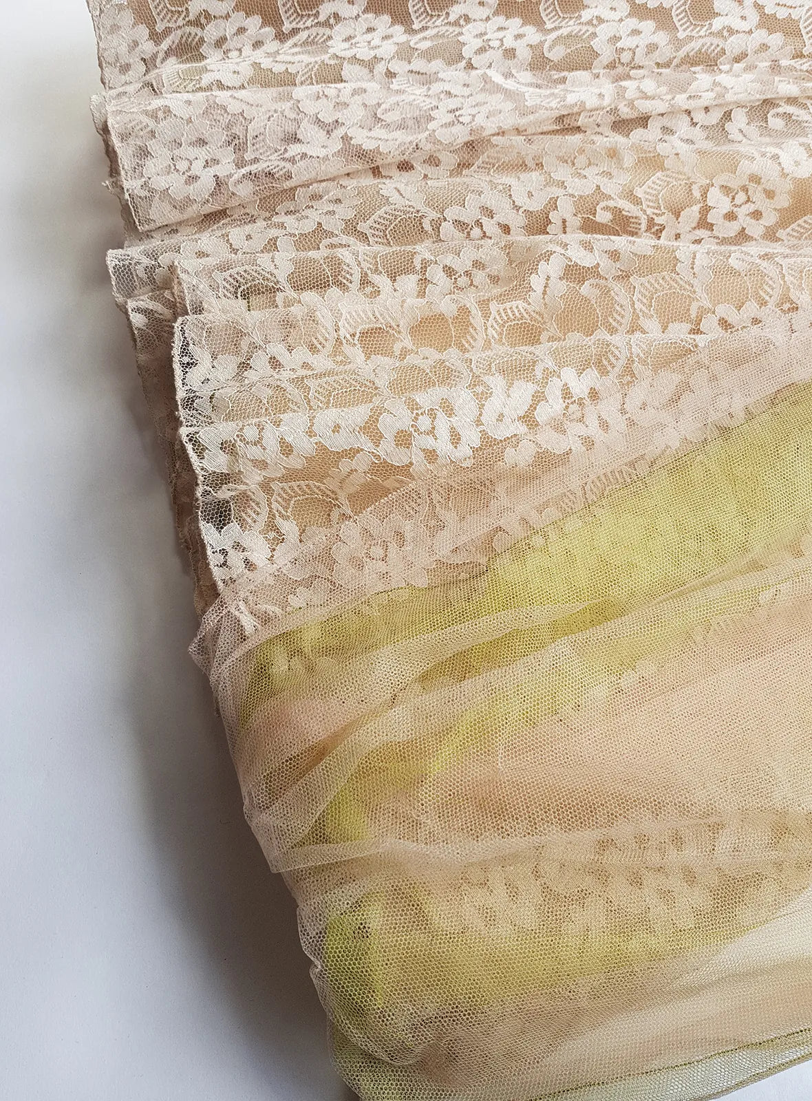 1950s One of a Kind Couture Standout Piece -  Frothy Matcha Latte Lace Gown - Halter Top & Tailored Bust - Unique Tones of Latte & Muted Matcha Greens - Structural Mesh Bust & Skirt Features - Multiple Layers of Lace & Mesh