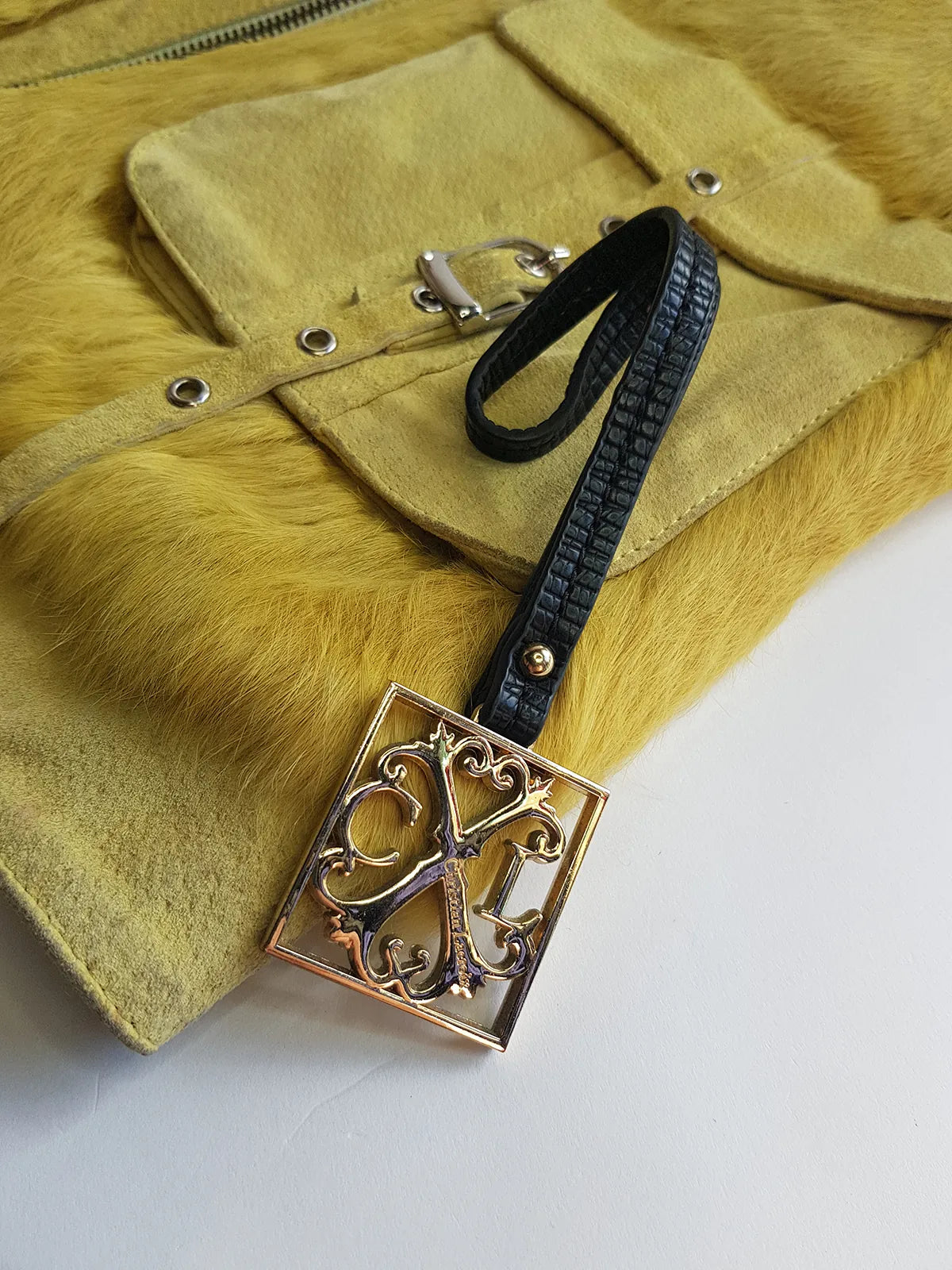 Christian LaCroix Designer Ornate Black Leather & Gold Hardware Bag charm with Signature CL Emblem & Stamp