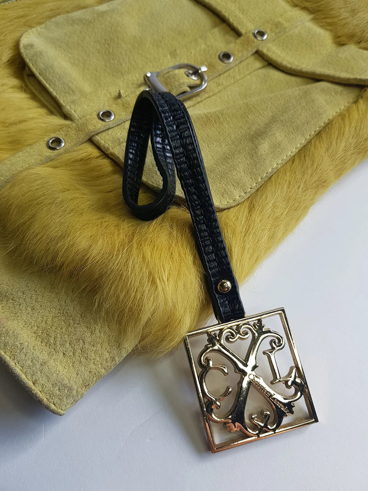 Christian LaCroix Designer Ornate Black Leather & Gold Hardware Bag charm with Signature CL Emblem & Stamp