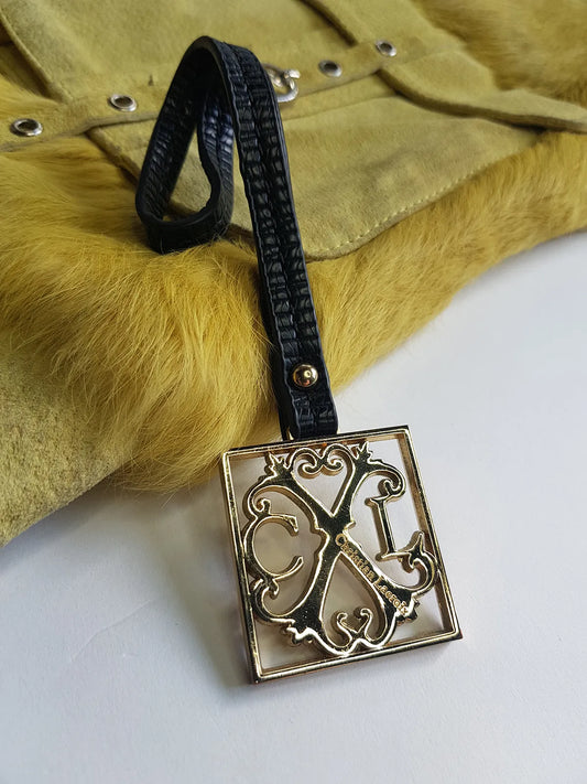 Christian LaCroix Designer Ornate Black Leather & Gold Hardware Bag charm with Signature CL Emblem & Stamp