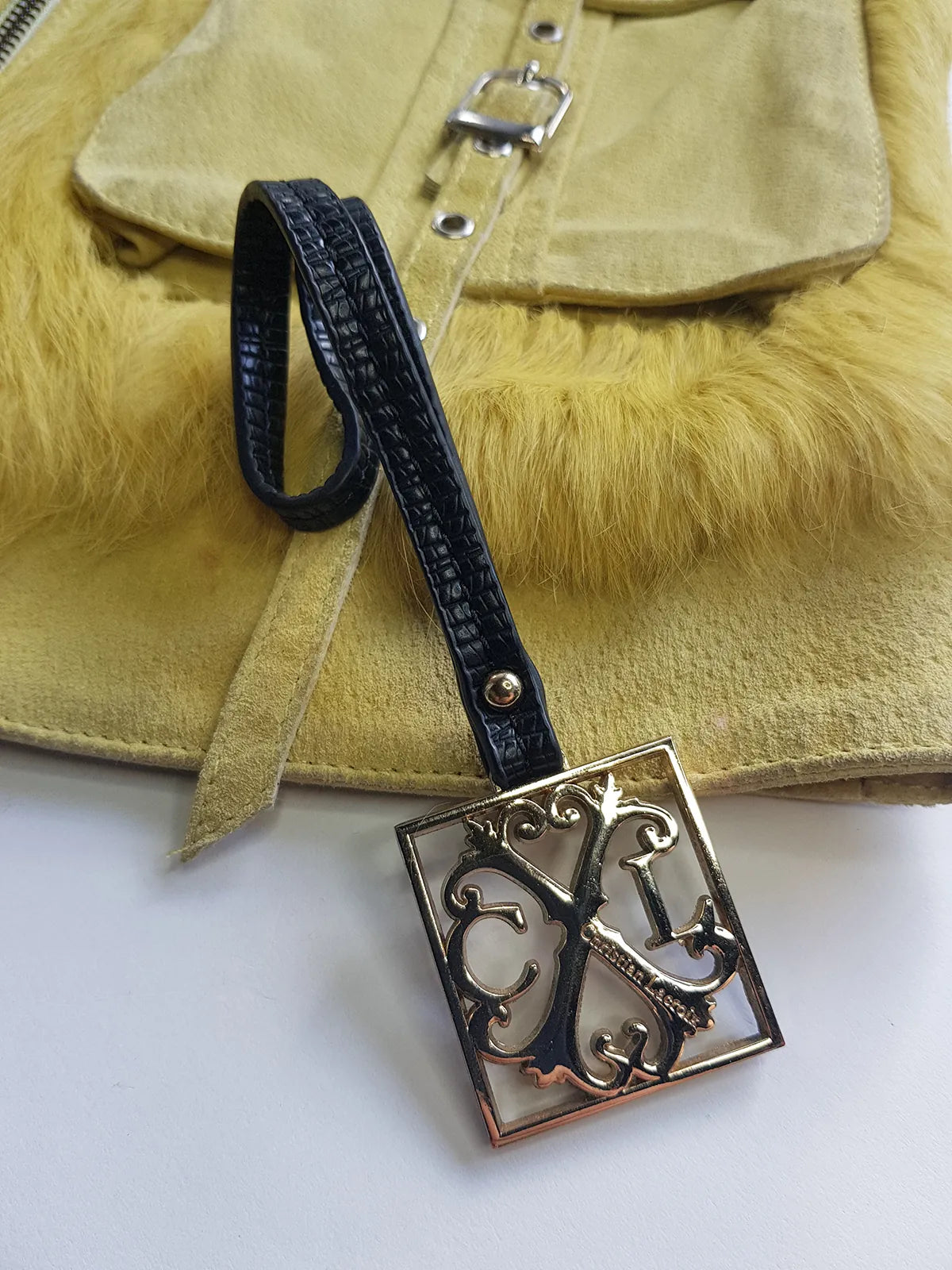 Christian LaCroix Designer Ornate Black Leather & Gold Hardware Bag charm with Signature CL Emblem & Stamp