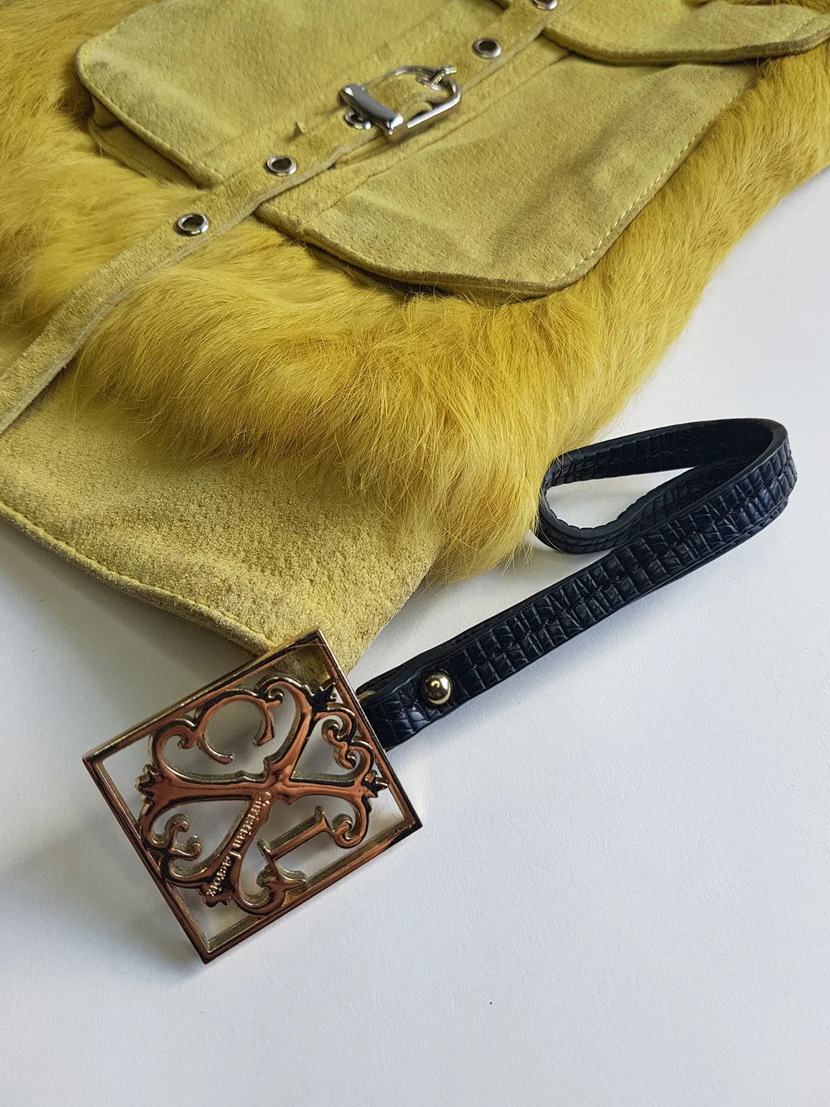 Christian LaCroix Designer Ornate Black Leather & Gold Hardware Bag charm with Signature CL Emblem & Stamp