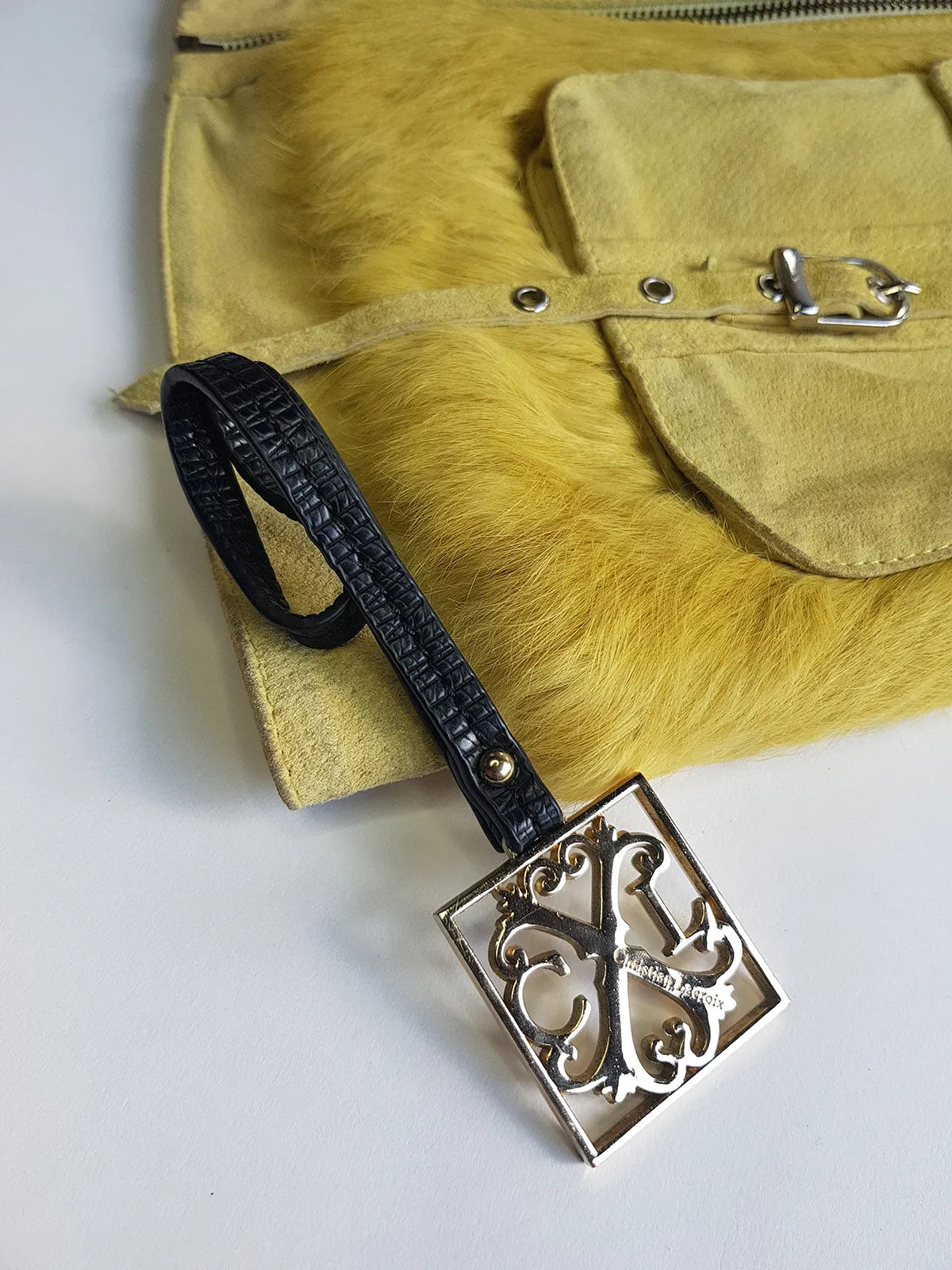 Christian LaCroix Designer Ornate Black Leather & Gold Hardware Bag charm with Signature CL Emblem & Stamp