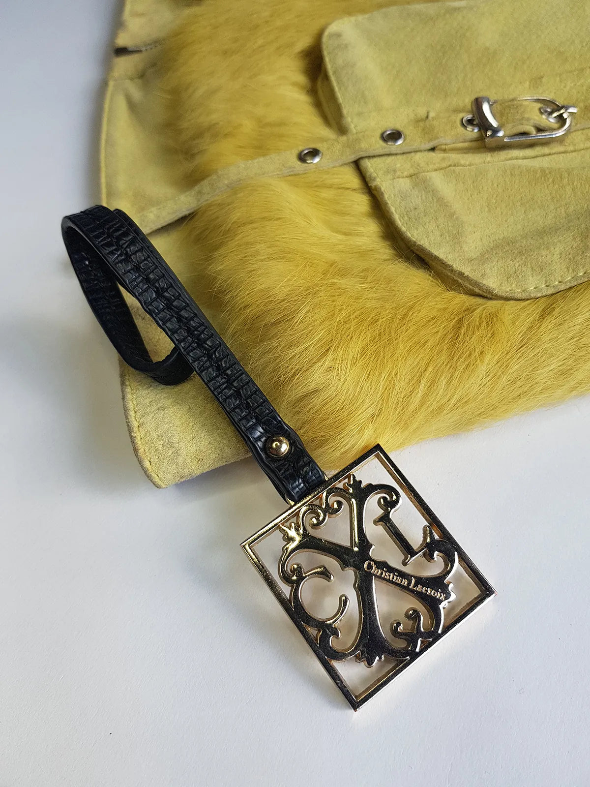 Christian LaCroix Designer Ornate Black Leather & Gold Hardware Bag charm with Signature CL Emblem & Stamp