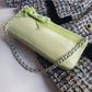 Vintage 2000s Designer Beverly Feldman Leather Purse in the Sweetest Mint Green & Plaid Lining - Chain Strap & Little Bow with Intricate Scalloped Leather Edging (Original Dustbag Included)